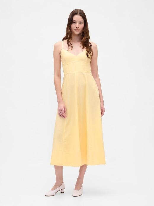 linen-blend seamed corset midi dress