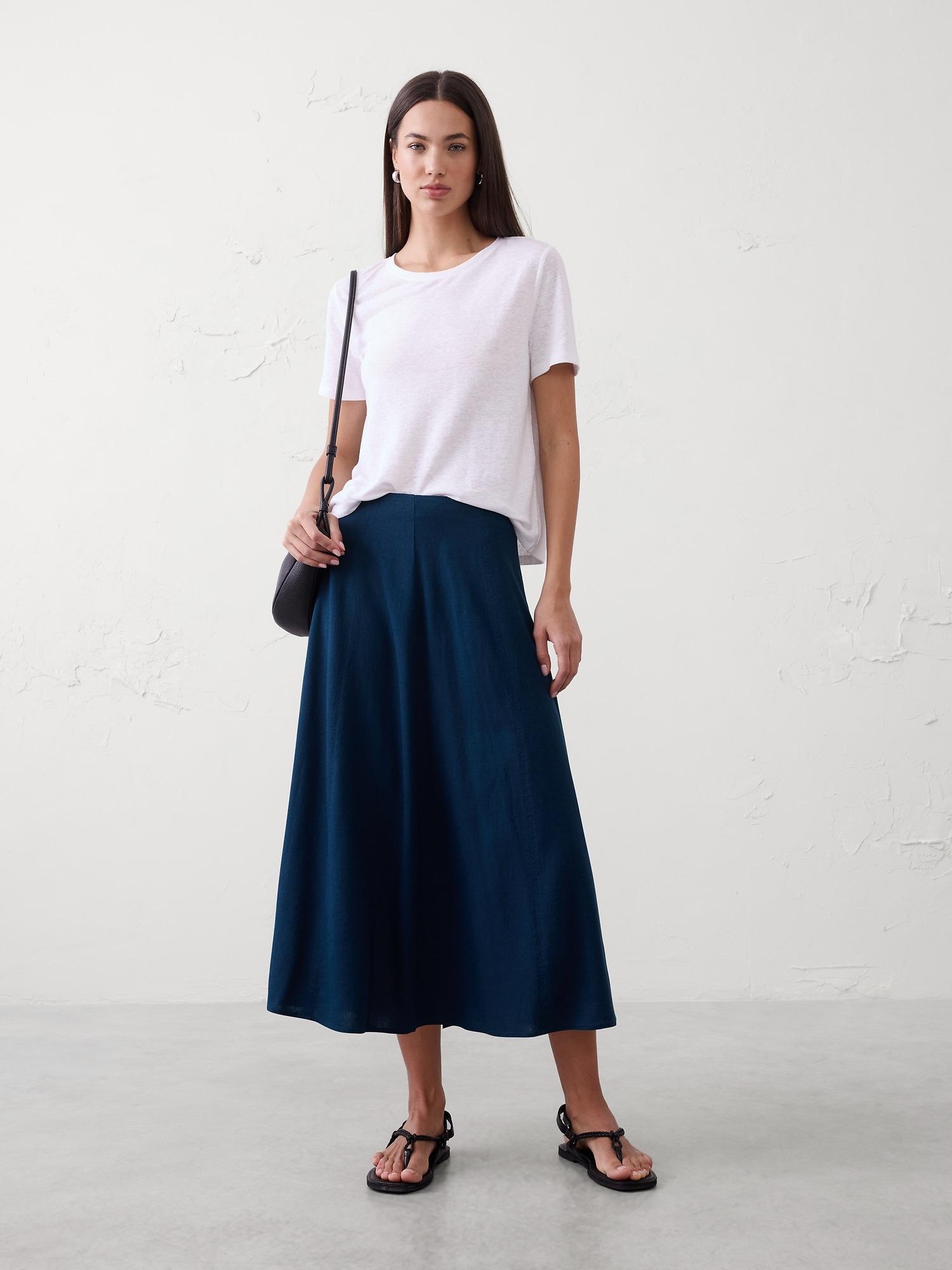 linen-blend seamed midi skirt