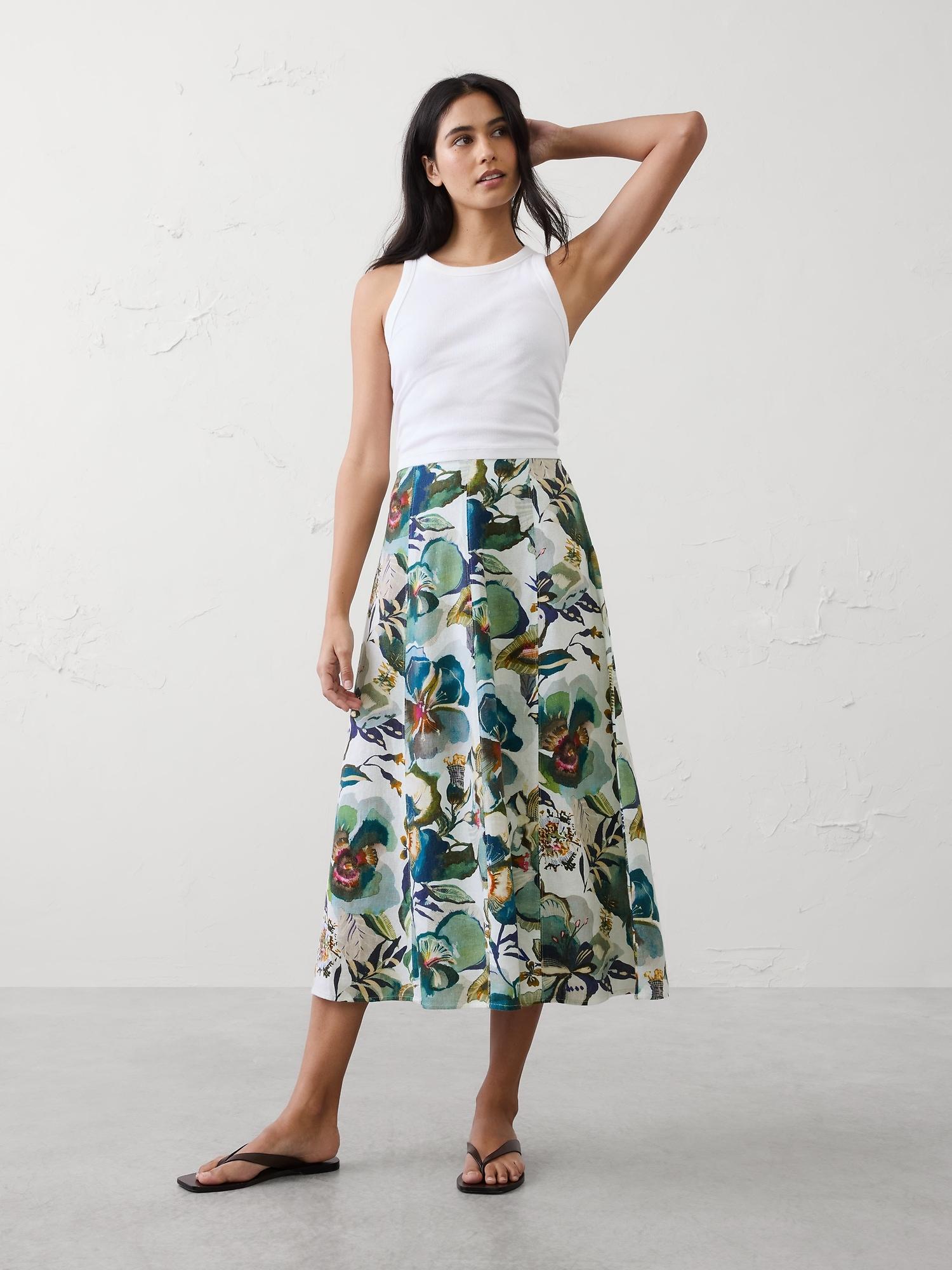 linen-blend seamed midi skirt
