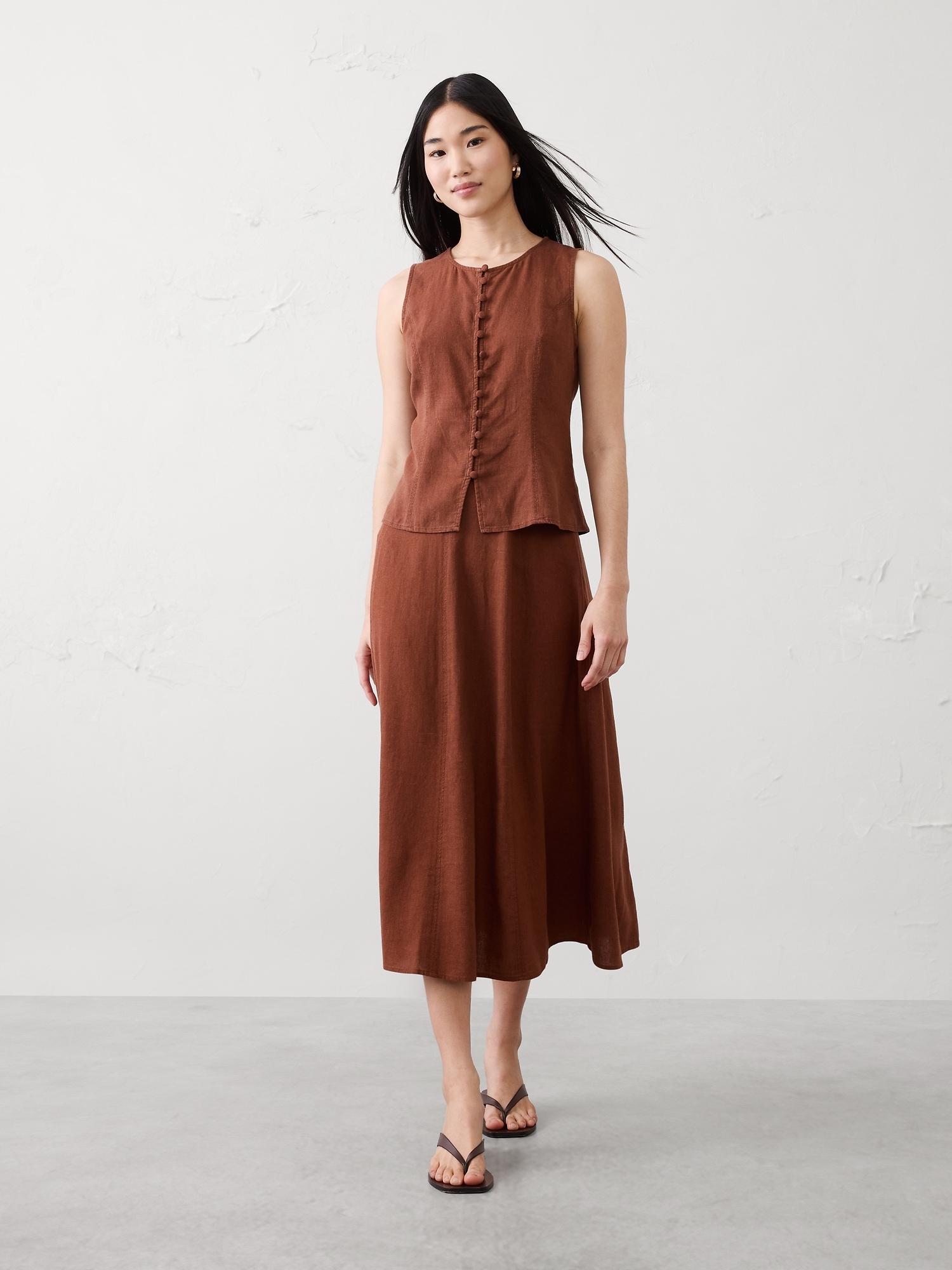 linen-blend seamed midi skirt