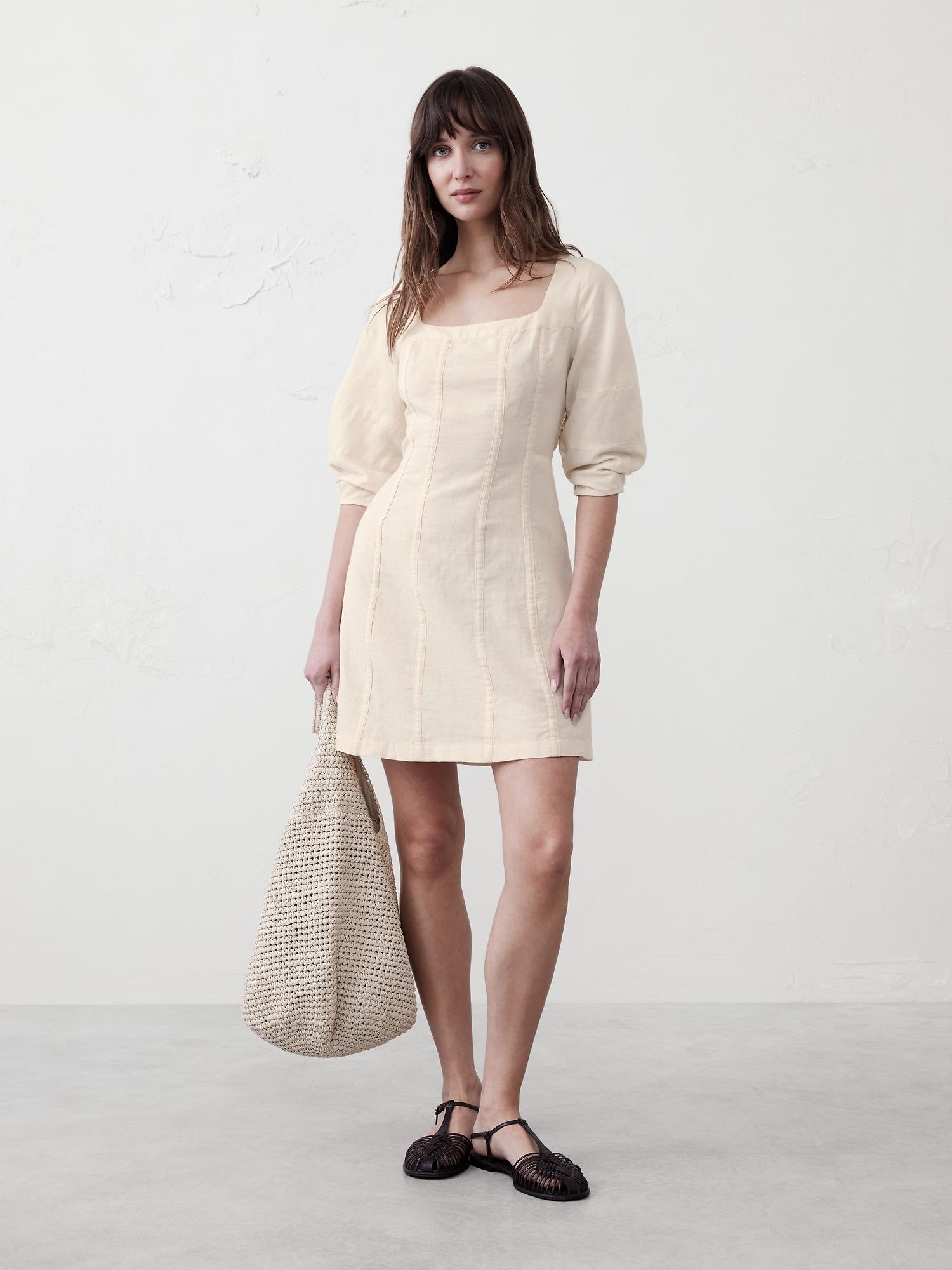 linen-blend seamed mini dress