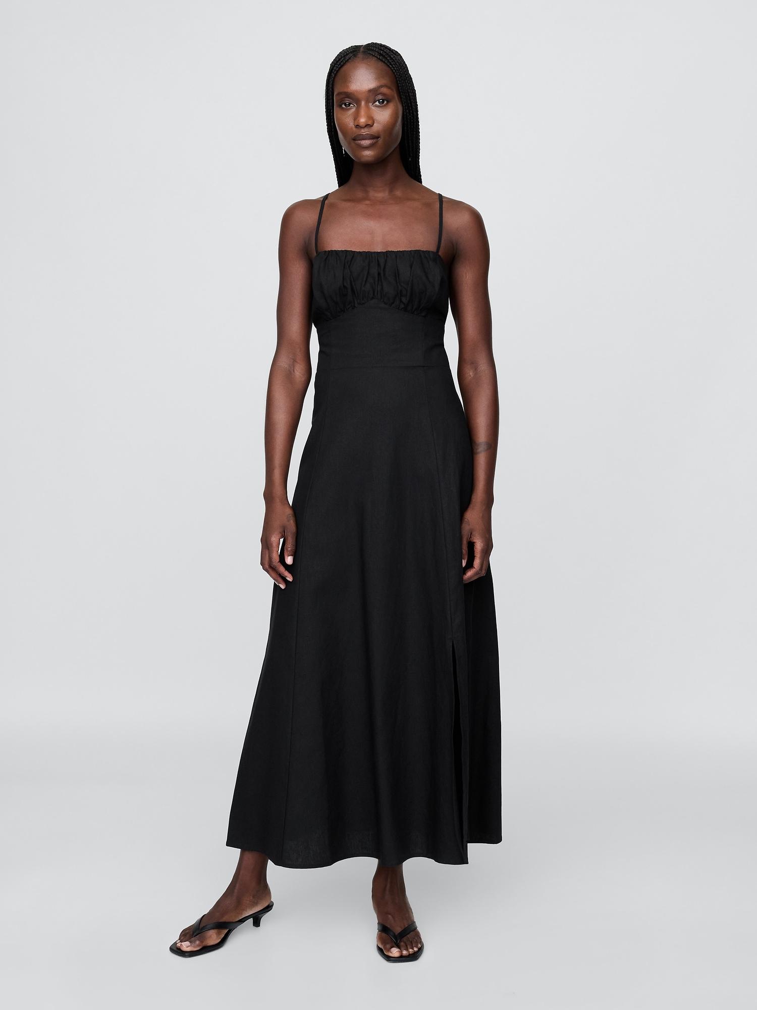 linen-blend shirred bodice maxi dress