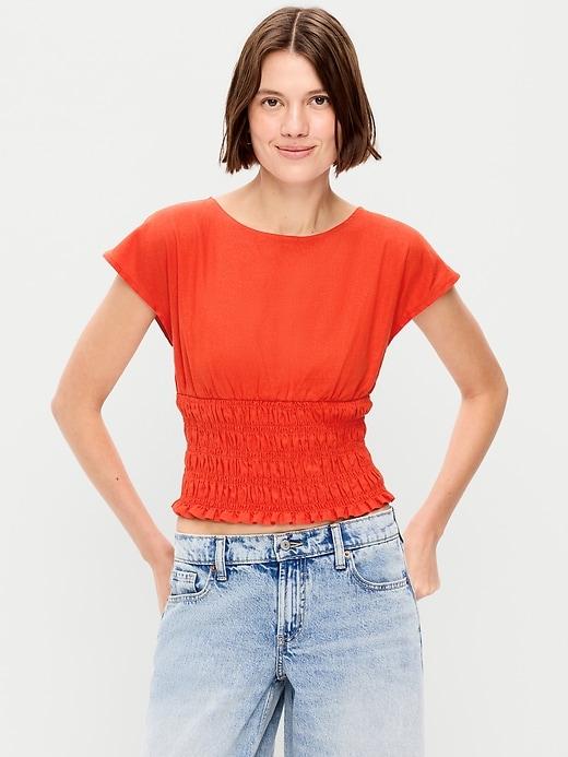 linen-blend short-sleeve smocked top