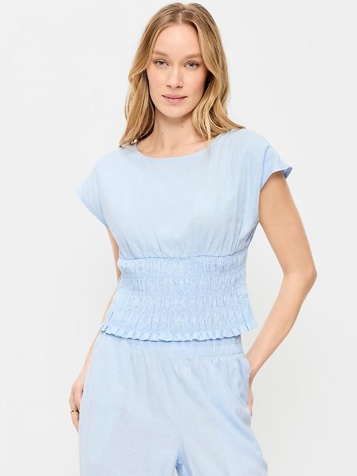 linen-blend short-sleeve smocked top