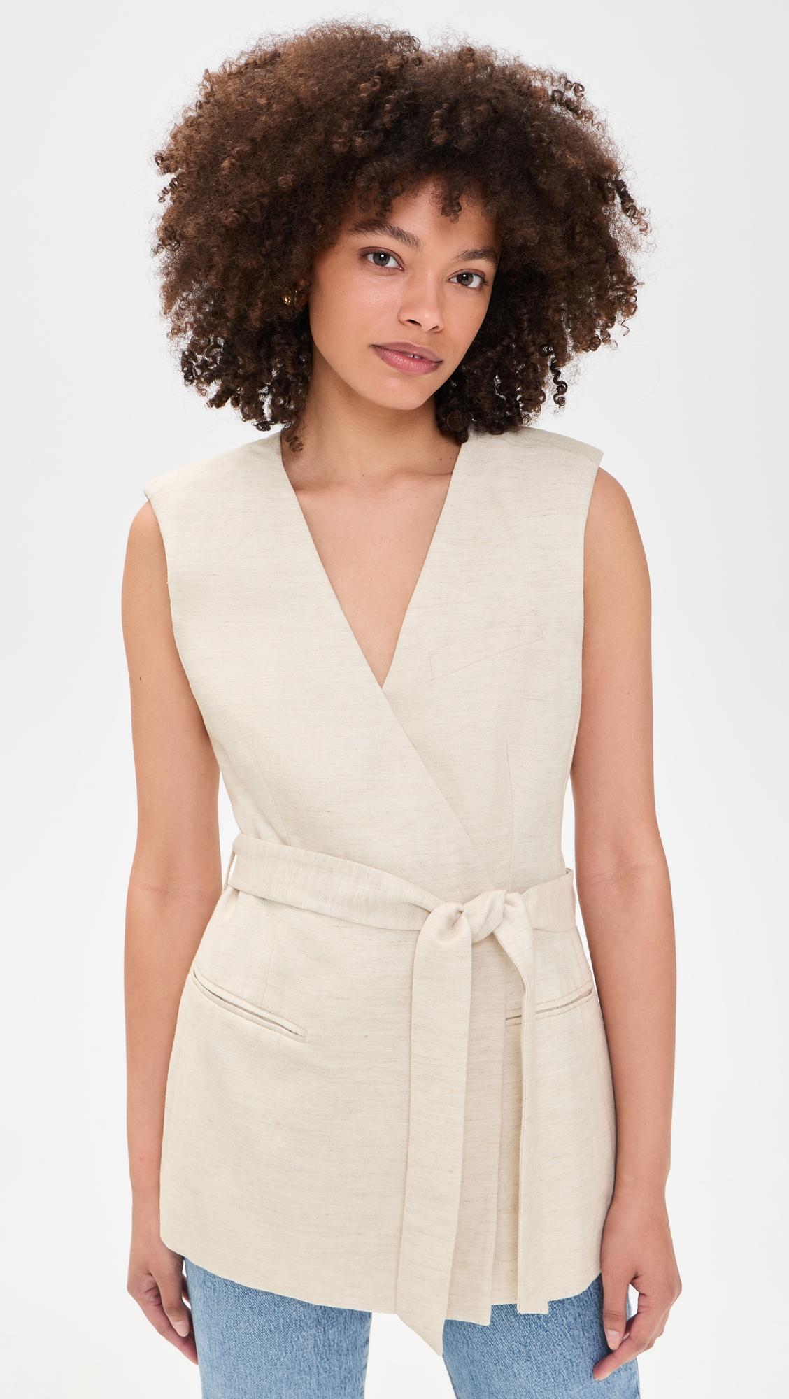 linen blend sleeveless belted vest