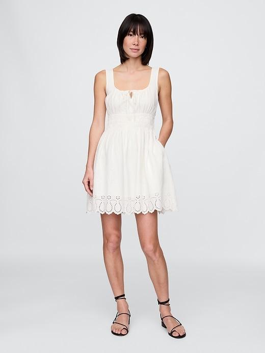 linen-blend smocked mini dress