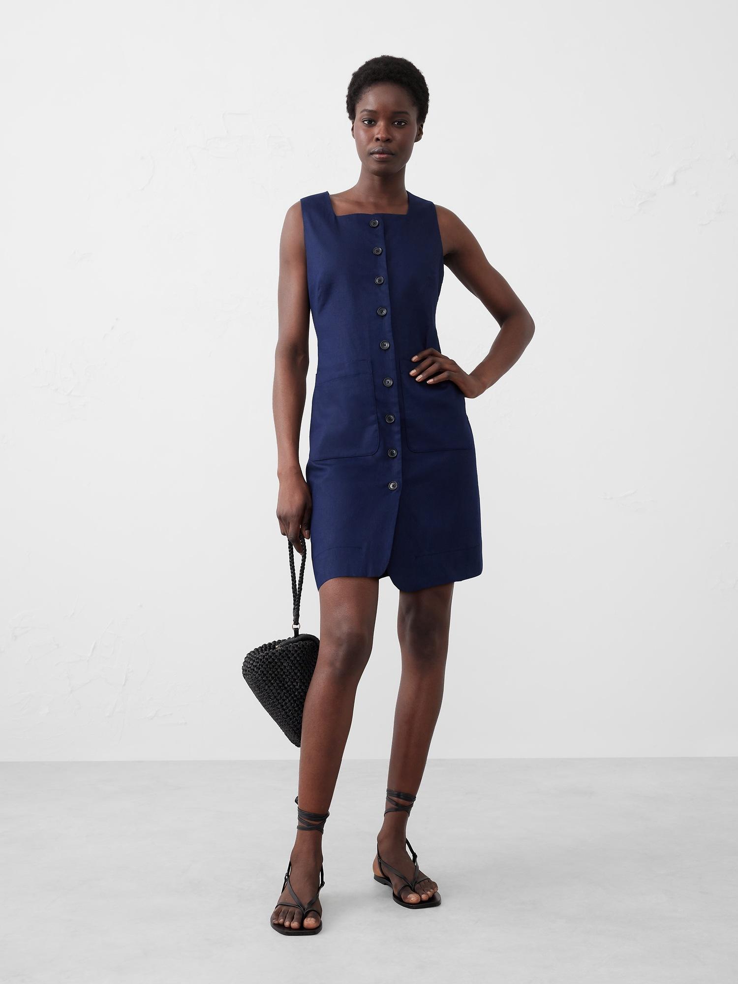 linen-blend square-neck mini dress
