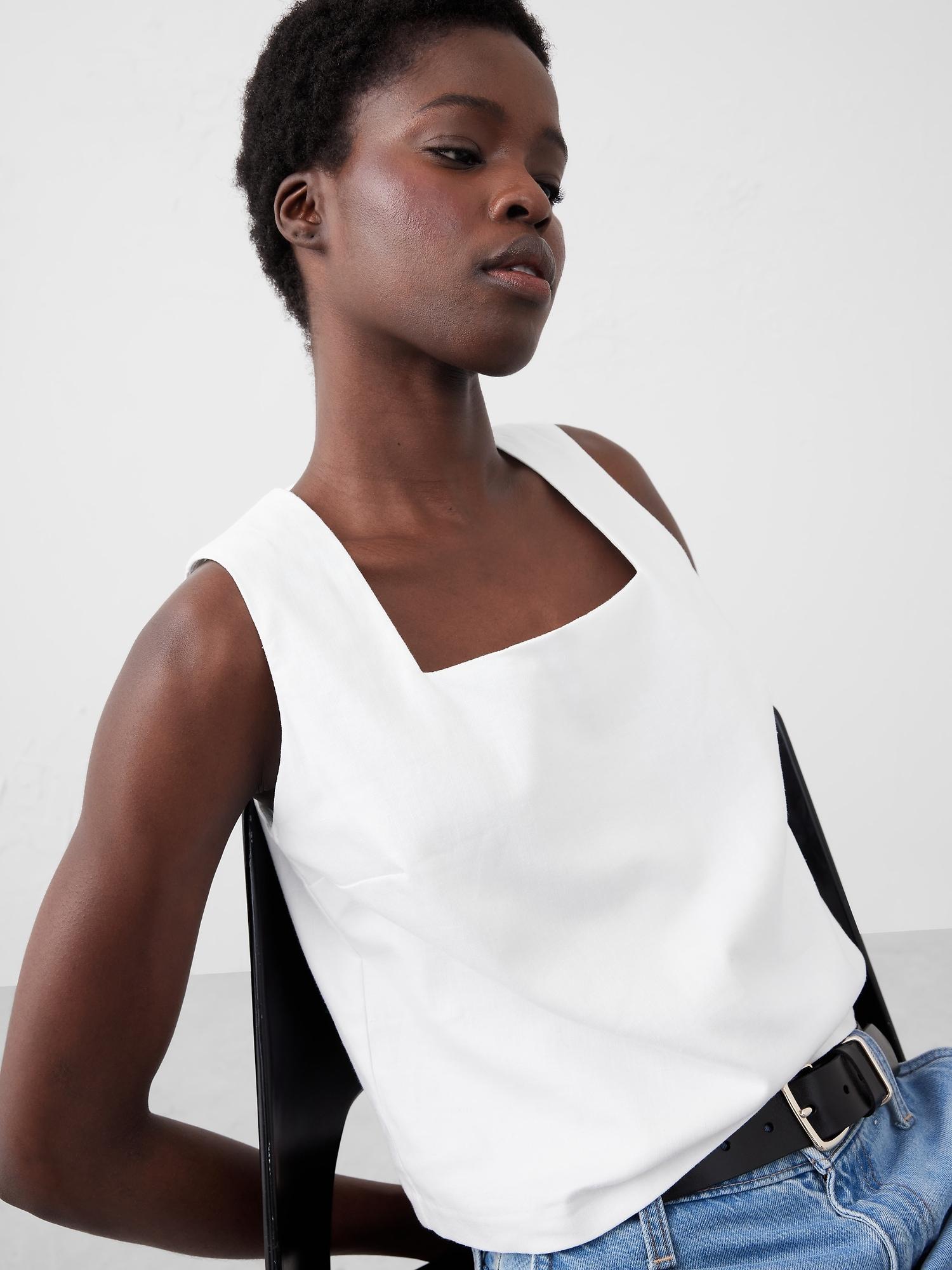 linen-blend square-neck top