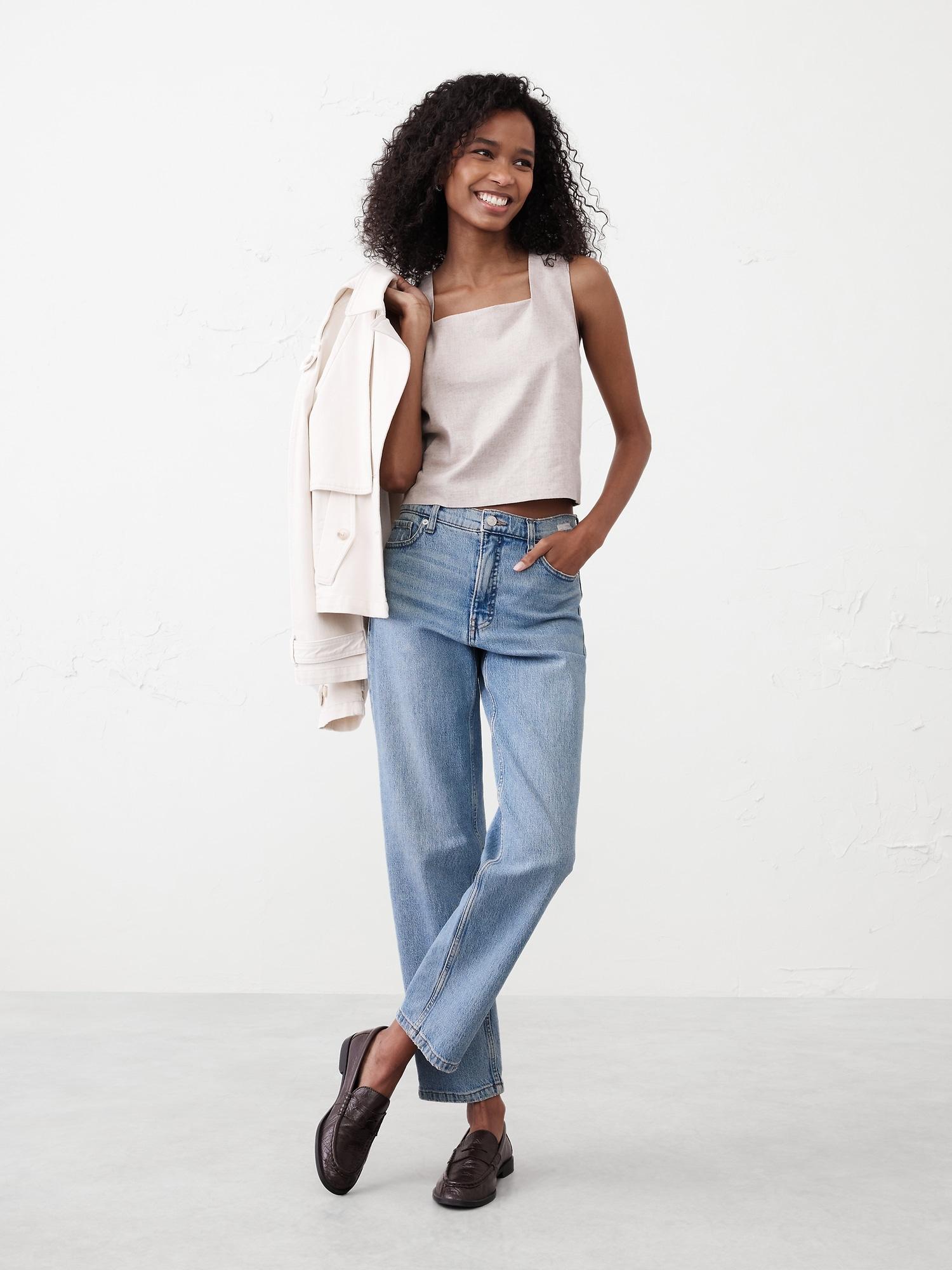 linen-blend square-neck top