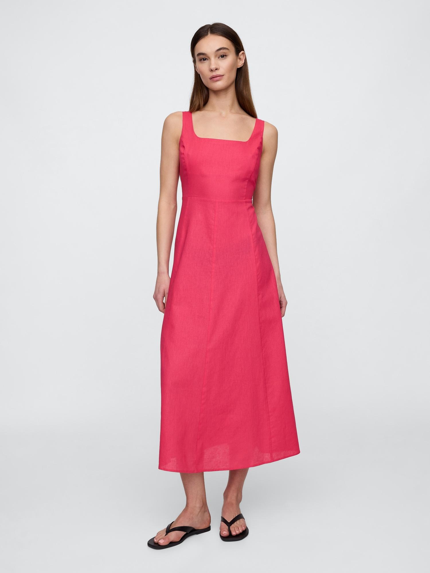 linen-blend squareneck midi dress