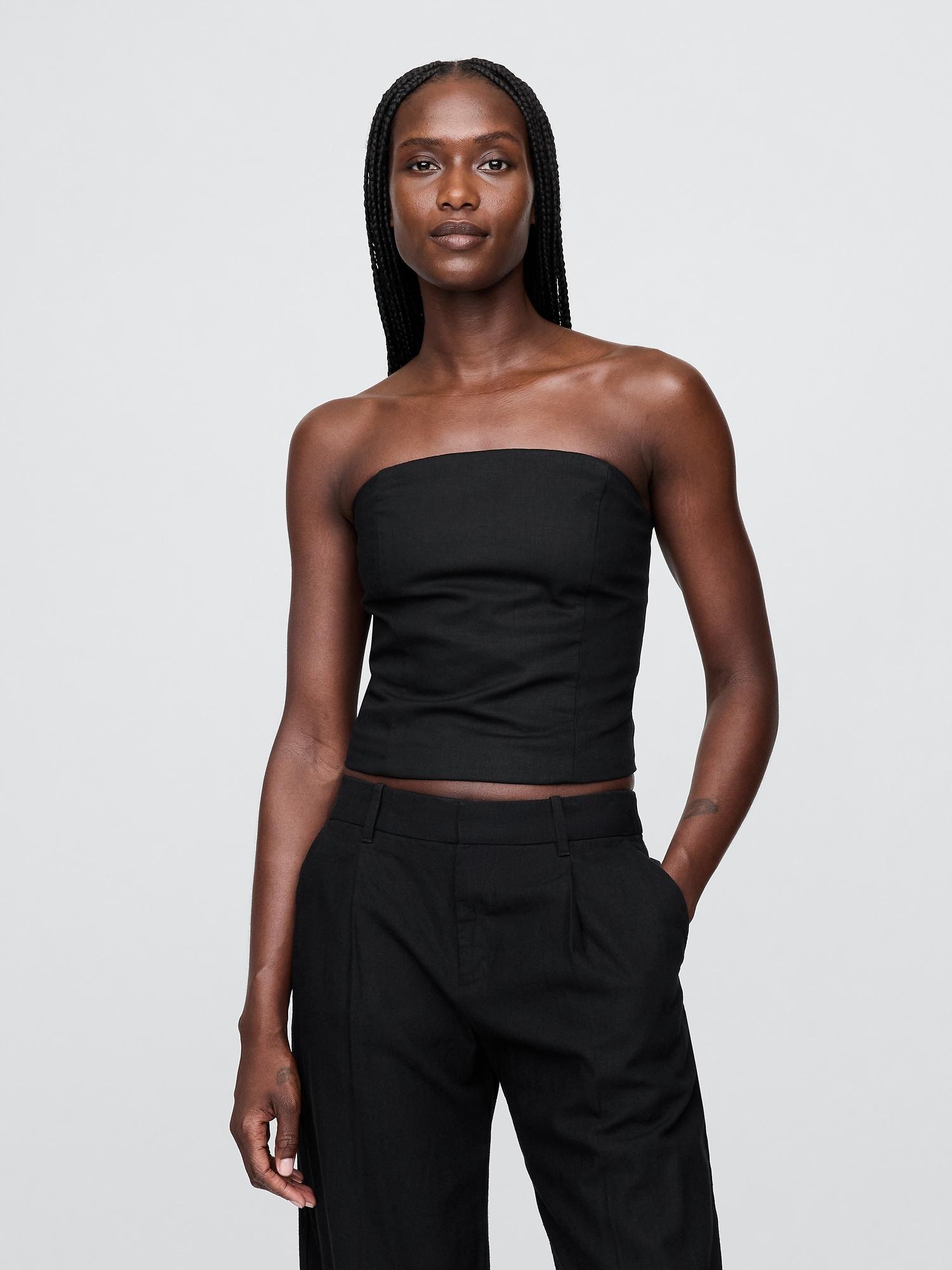 linen-blend strapless corset crop top