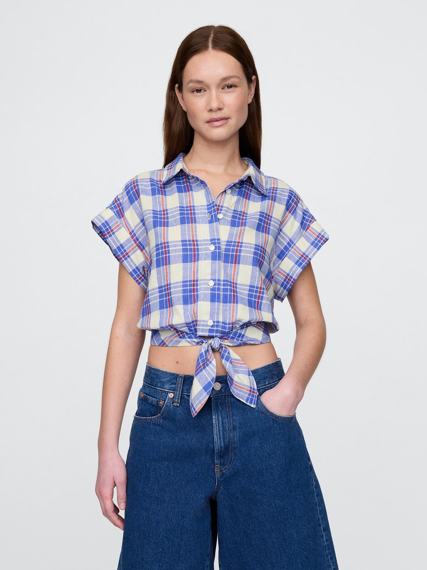 linen-blend tie-front crop shirt