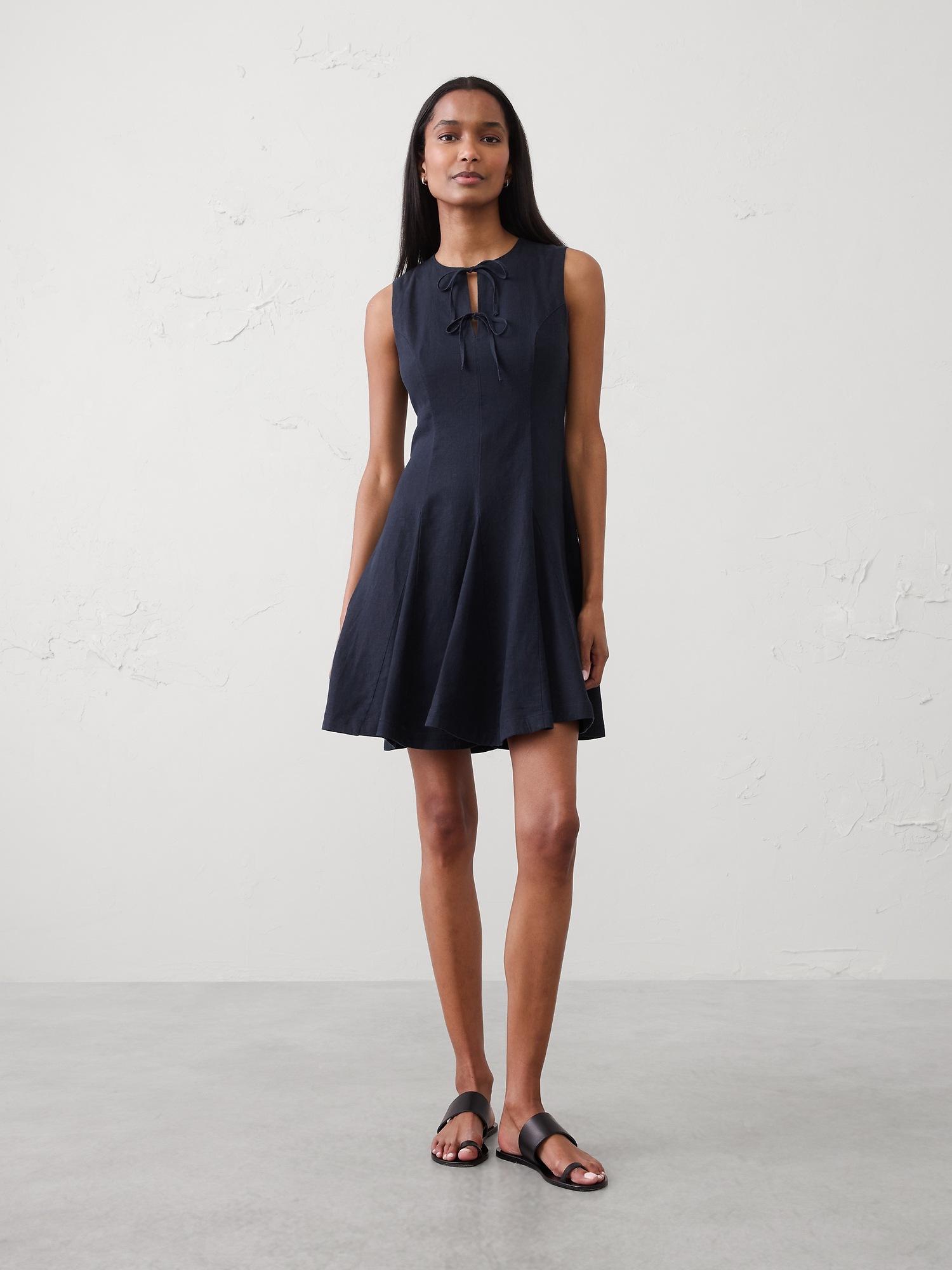 linen-blend tie-front mini dress
