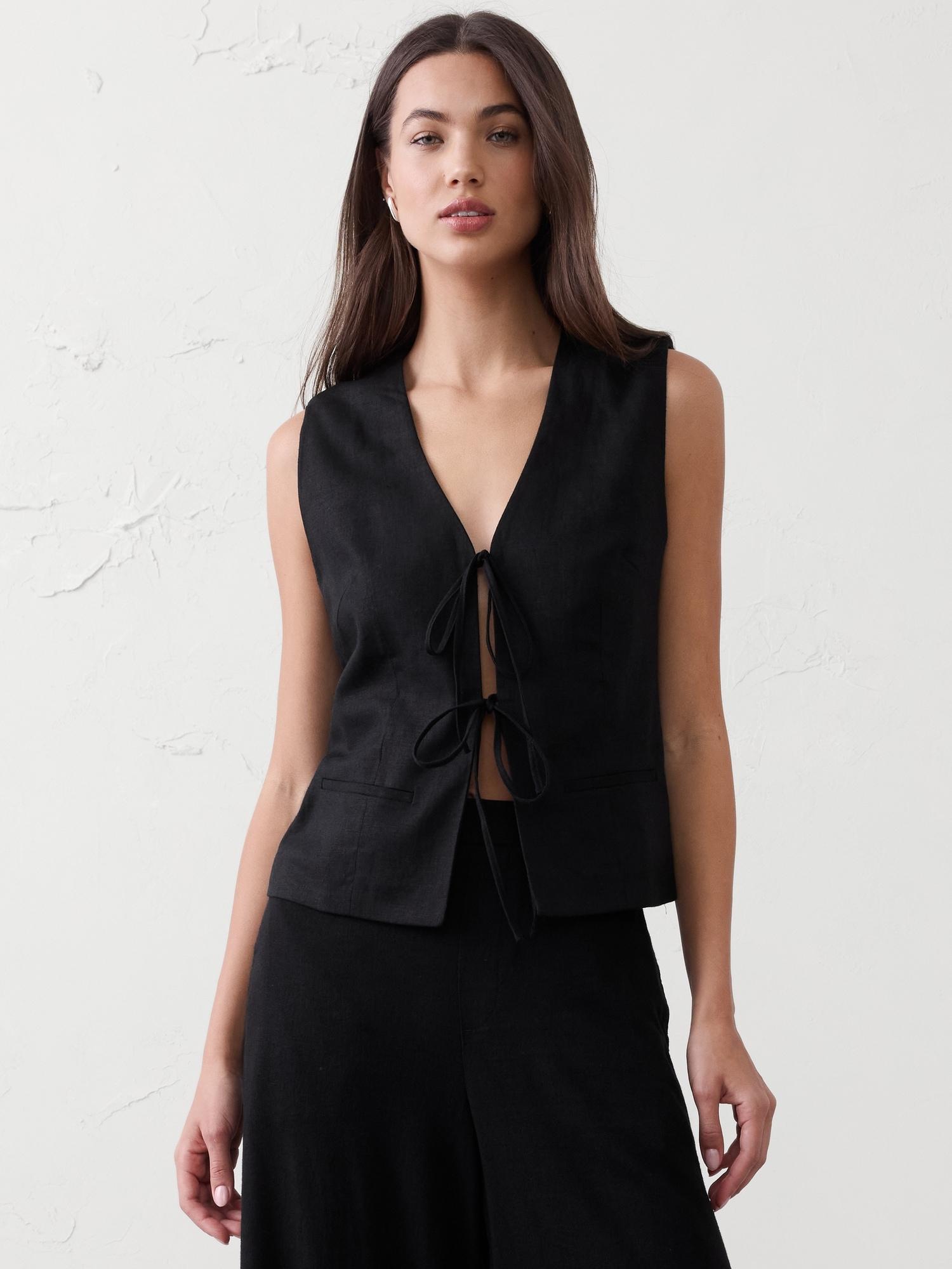 linen-blend tie-front vest