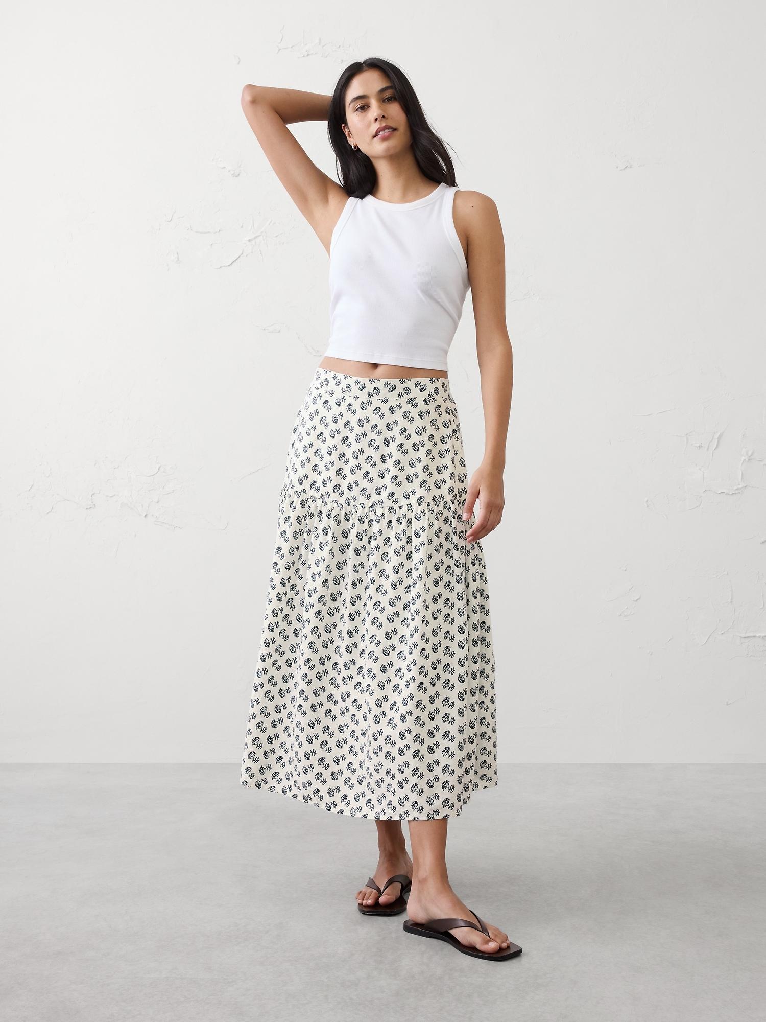 linen-blend tiered midi skirt