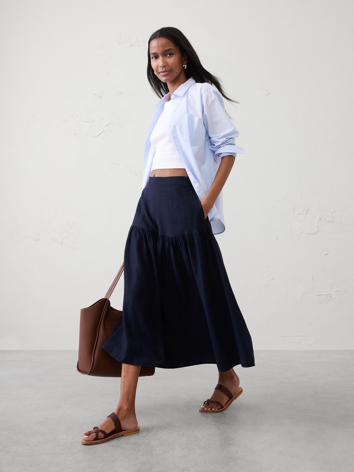 linen-blend tiered midi skirt