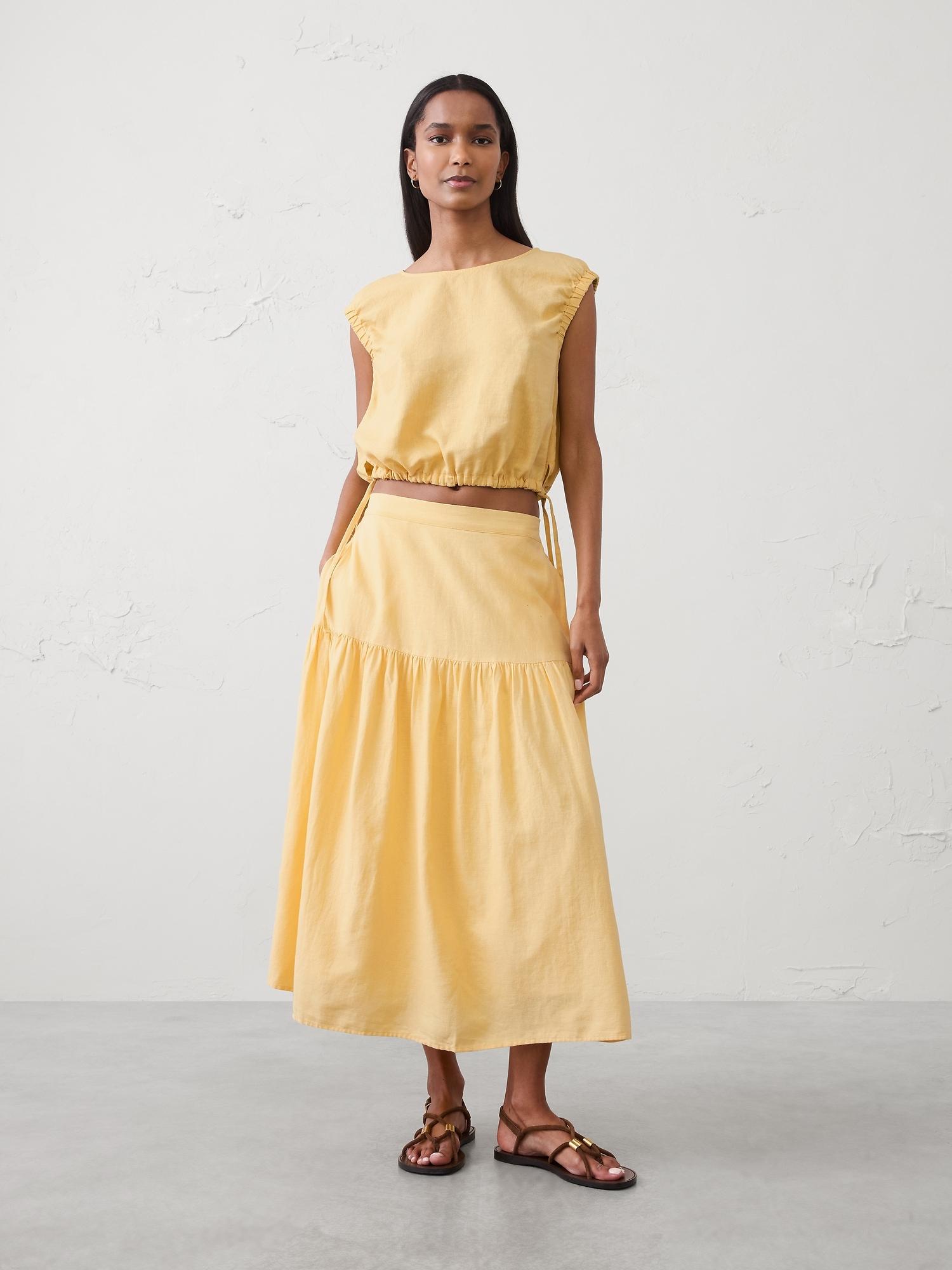 linen-blend tiered midi skirt