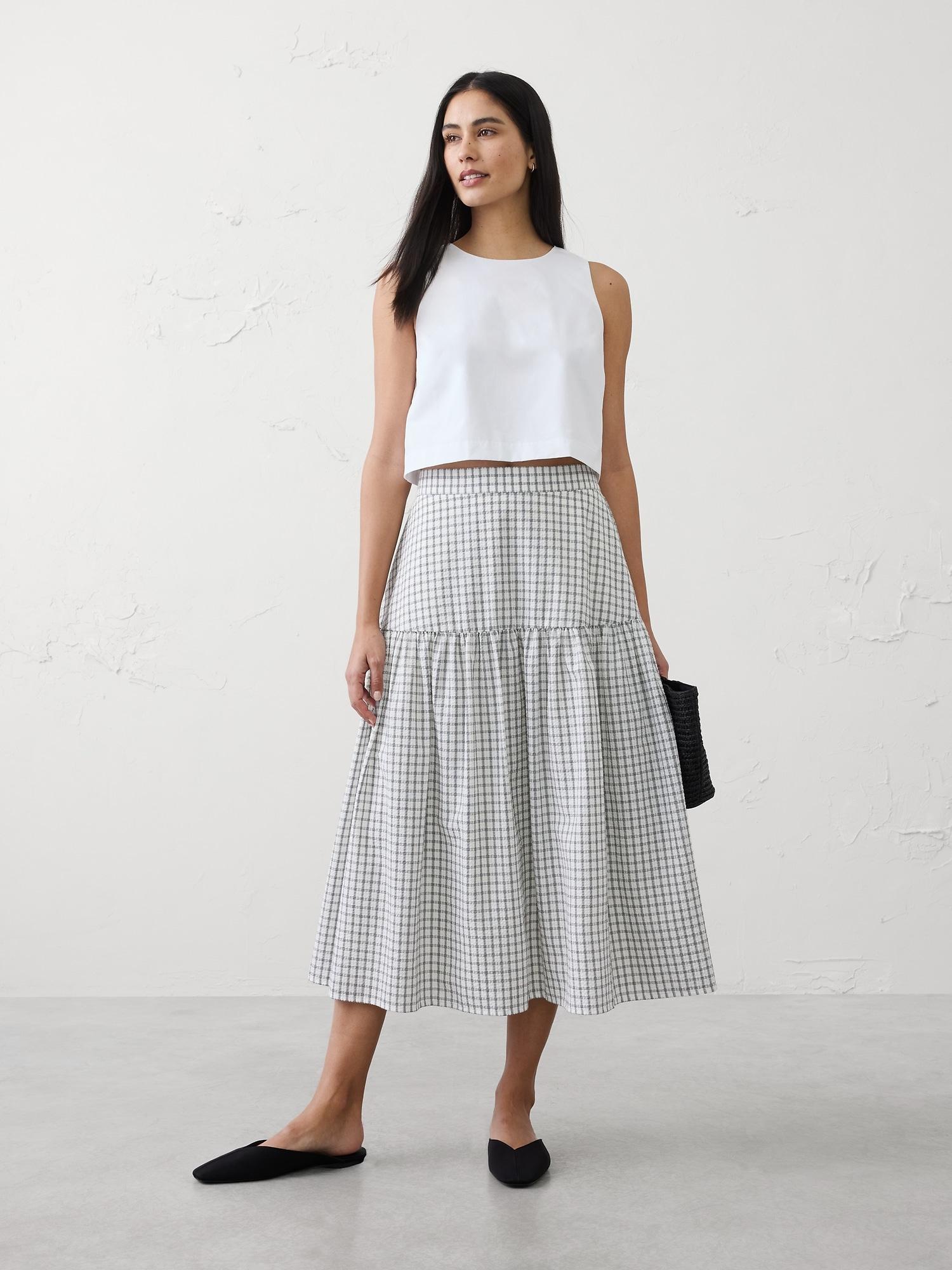 linen-blend tiered midi skirt