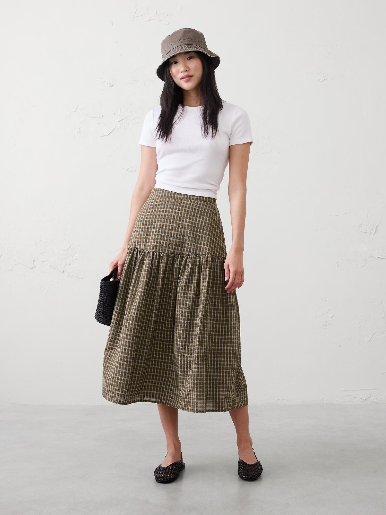 linen-blend tiered midi skirt