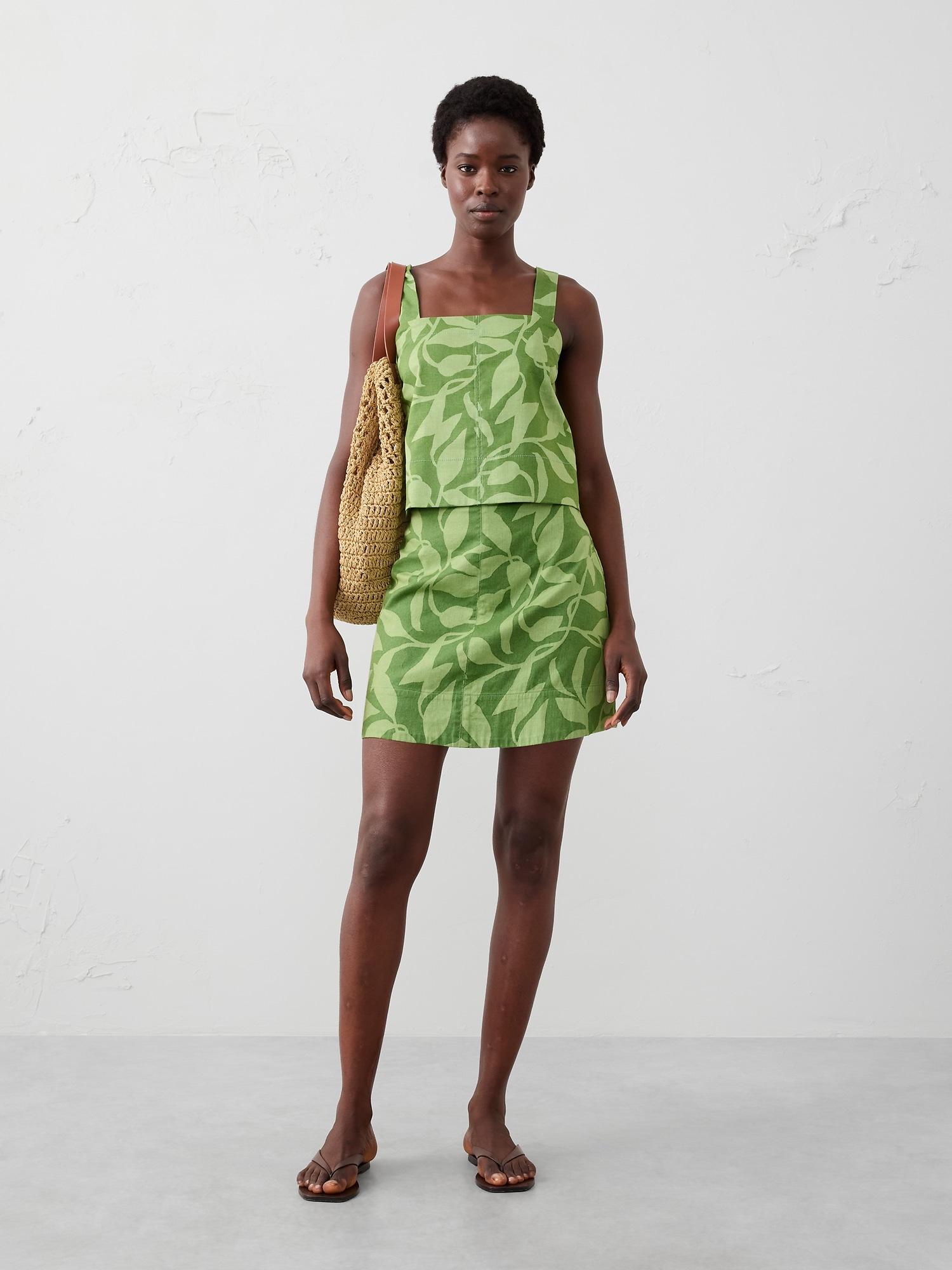 linen-blend topstitched mini skirt