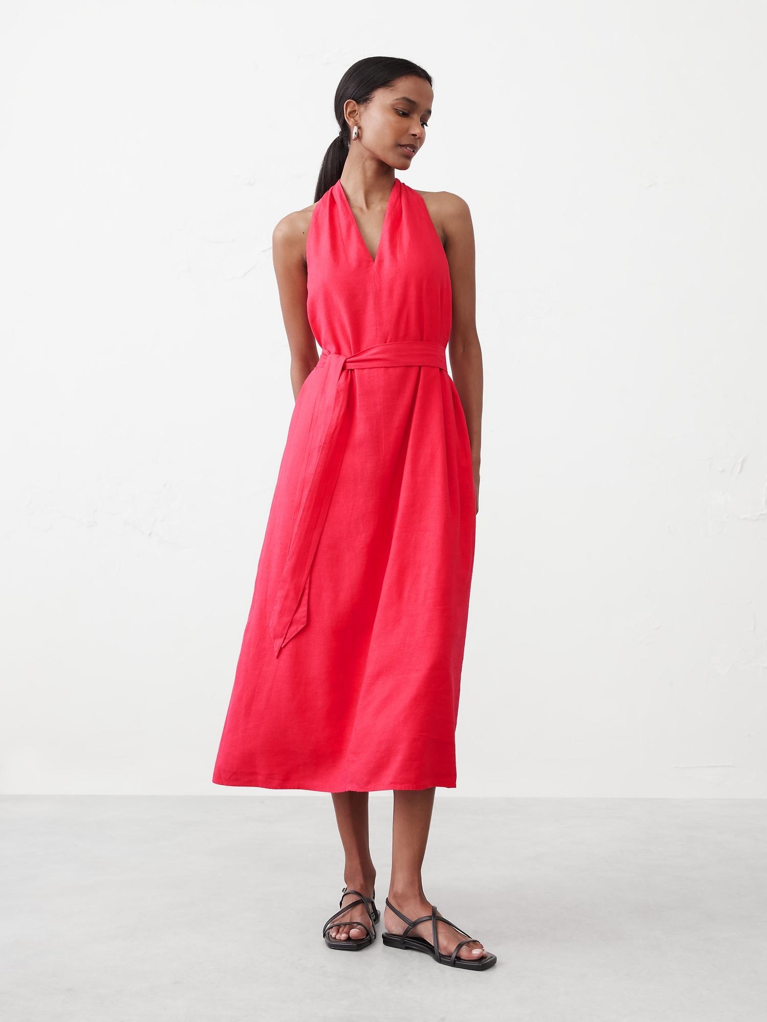 linen-blend twist-back midi dress
