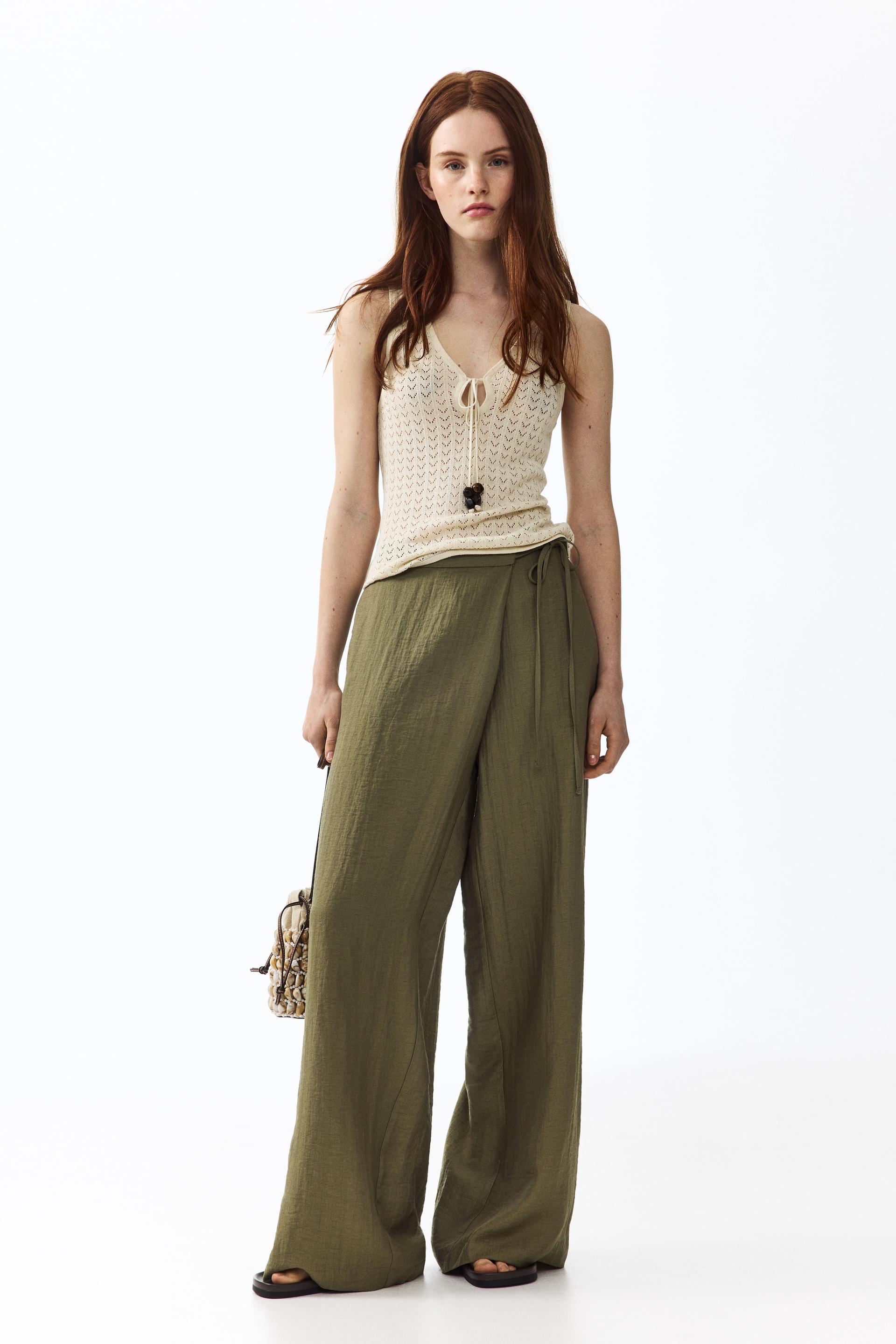 linen-blend wrapover pants
