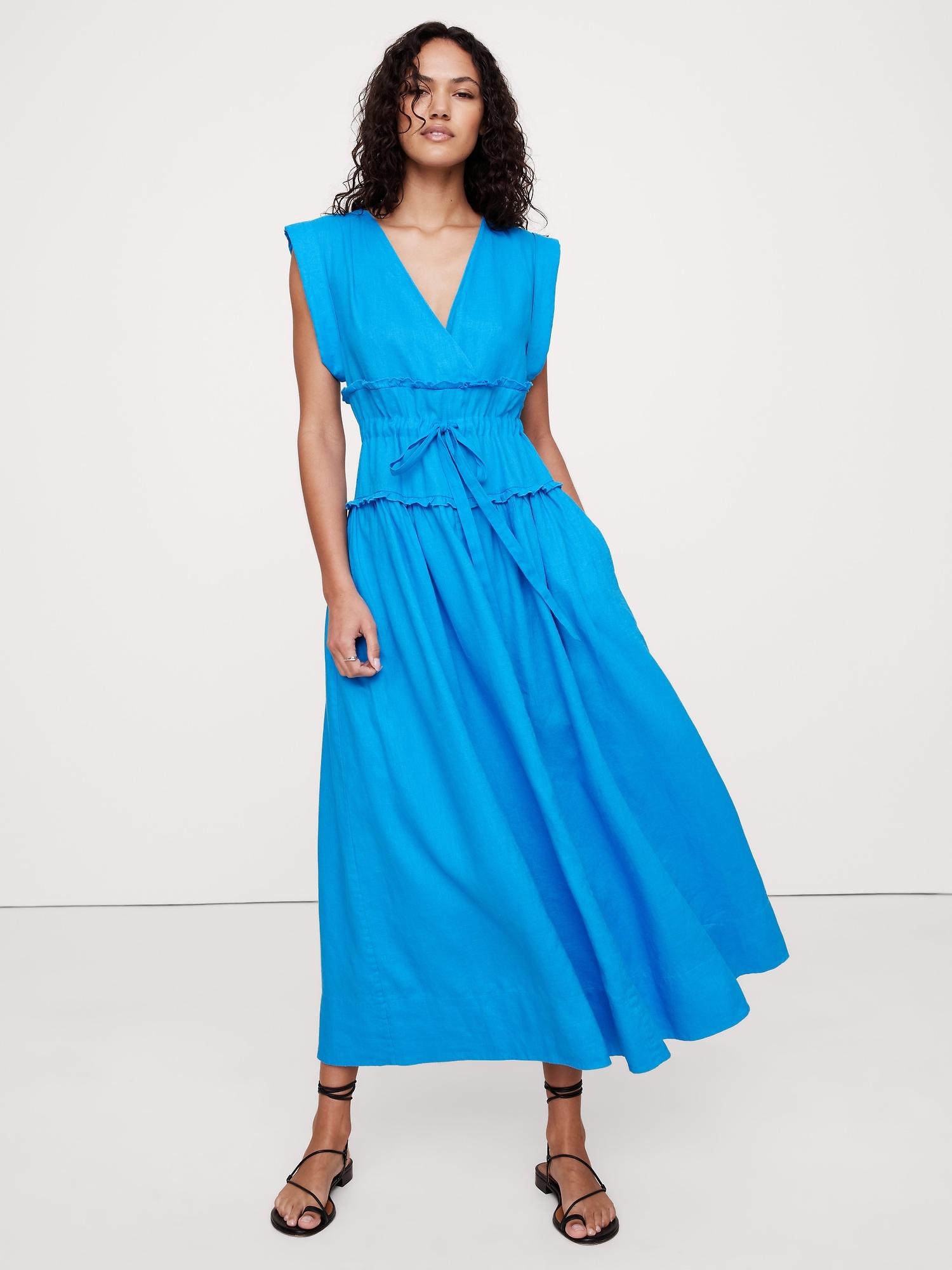 linen cinch-waist maxi dress