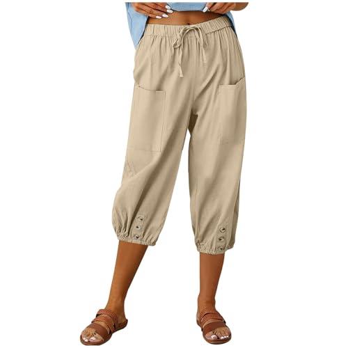 linen clothing for women capri jeans for women plus size capris for women 2025 summer casual loose linen pants elastic high rise button bandage capri pants,khaki,medium