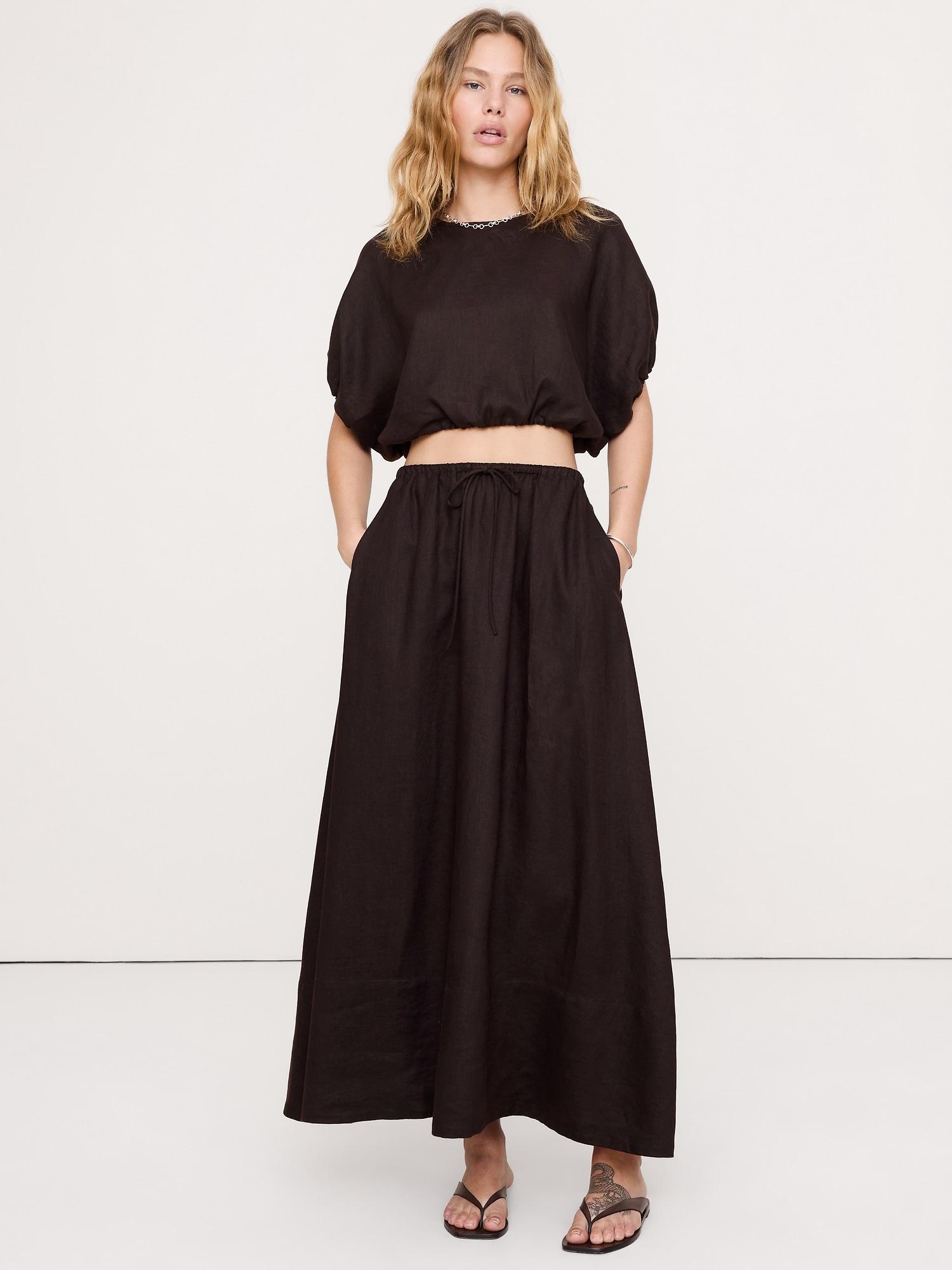 linen drawstring maxi skirt
