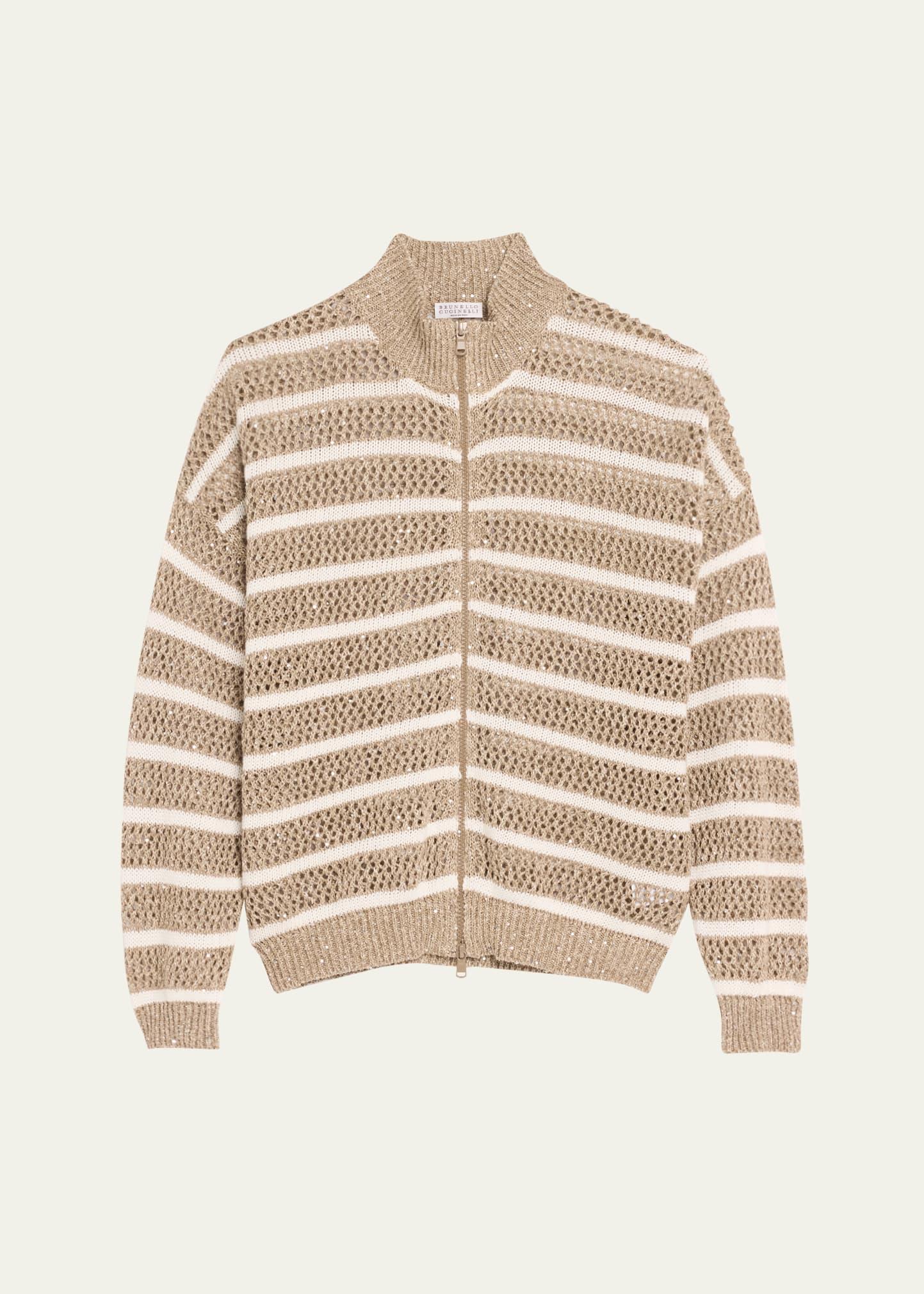 linen french riveria paillette knit zip-up cardigan