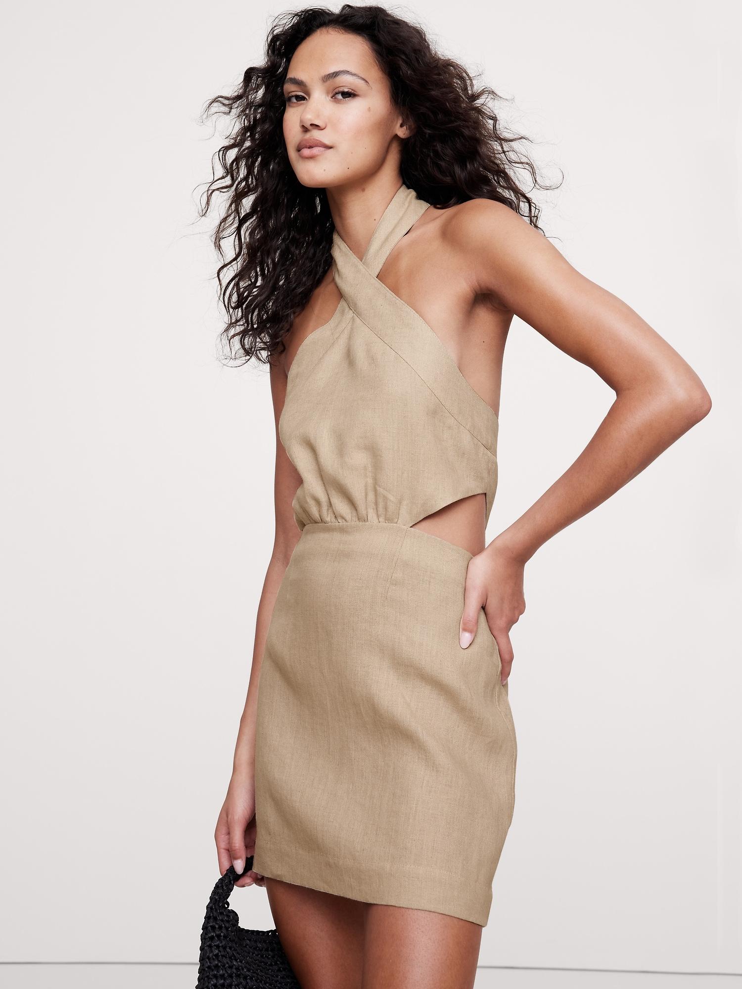 linen halter cut-out mini dress