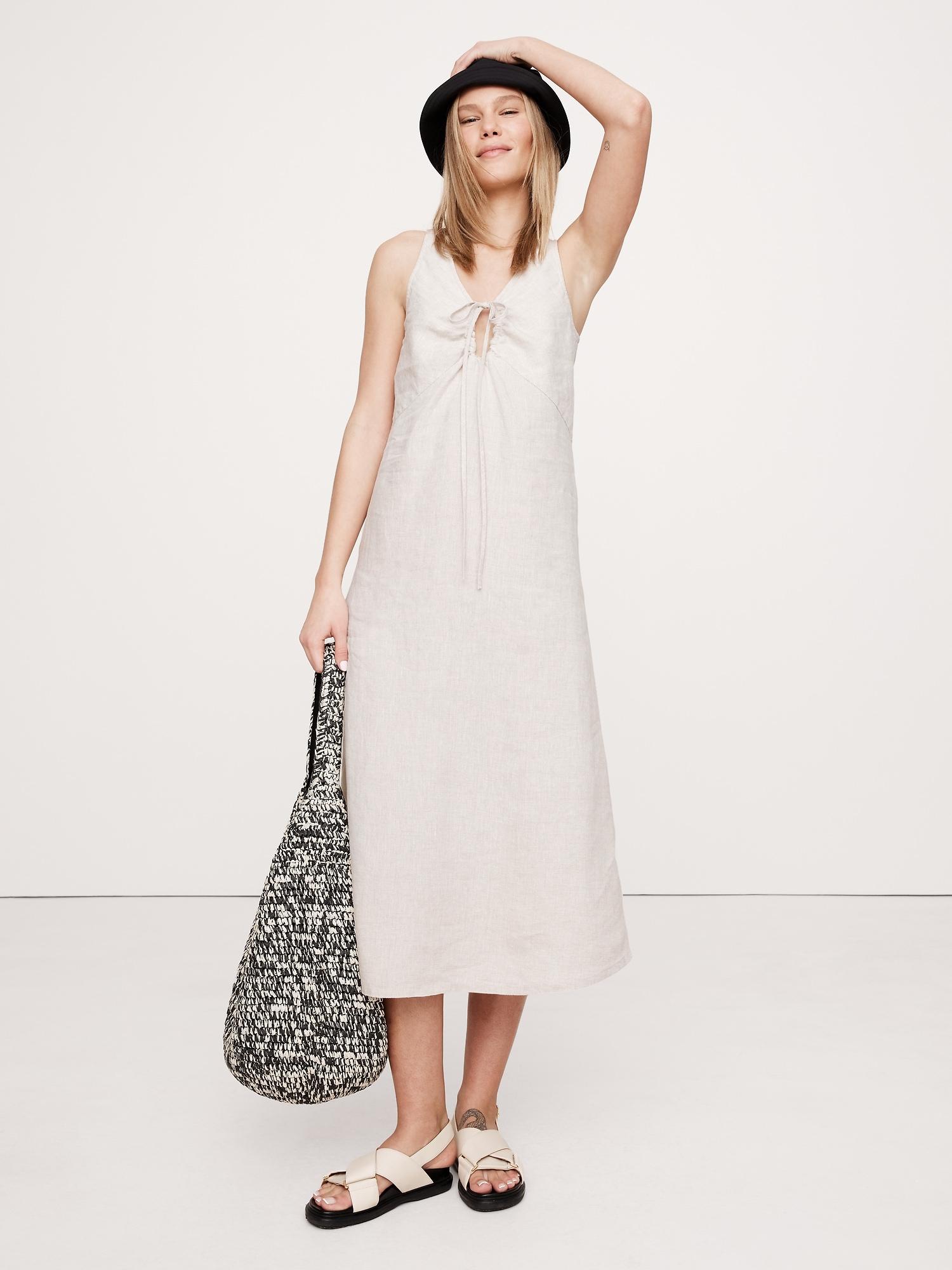 linen keyhole midi dress