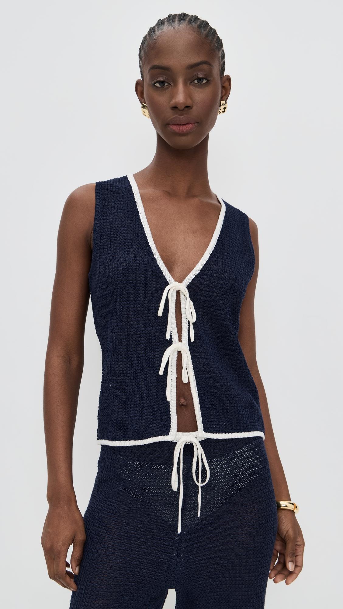 linen knit tie front tank
