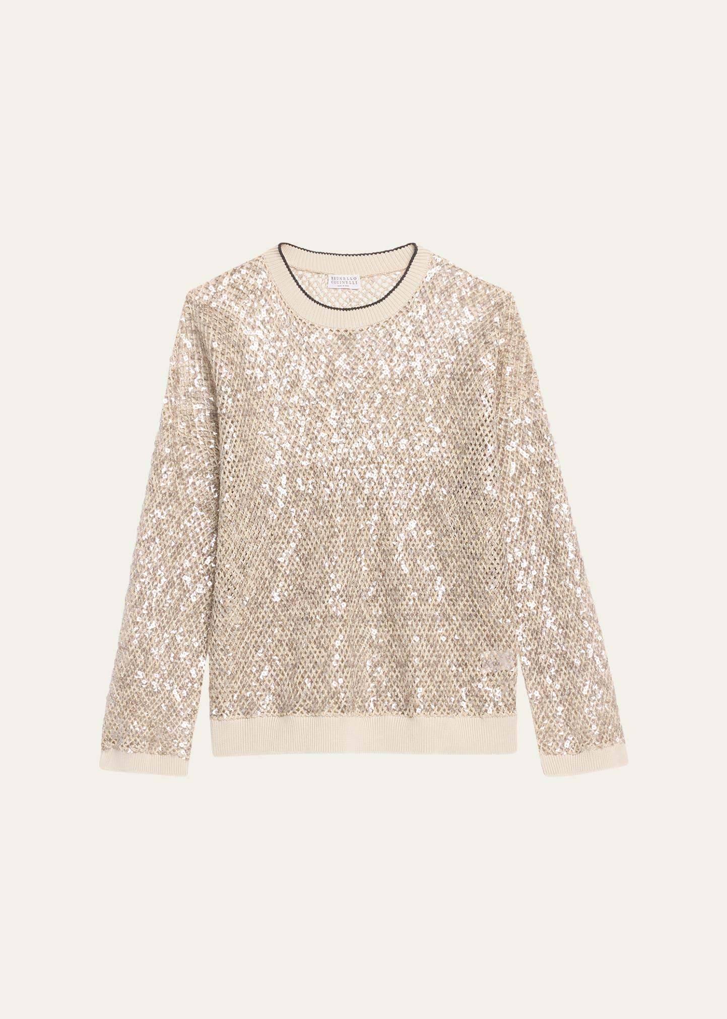 linen-silk paillette open knit crewneck sweater