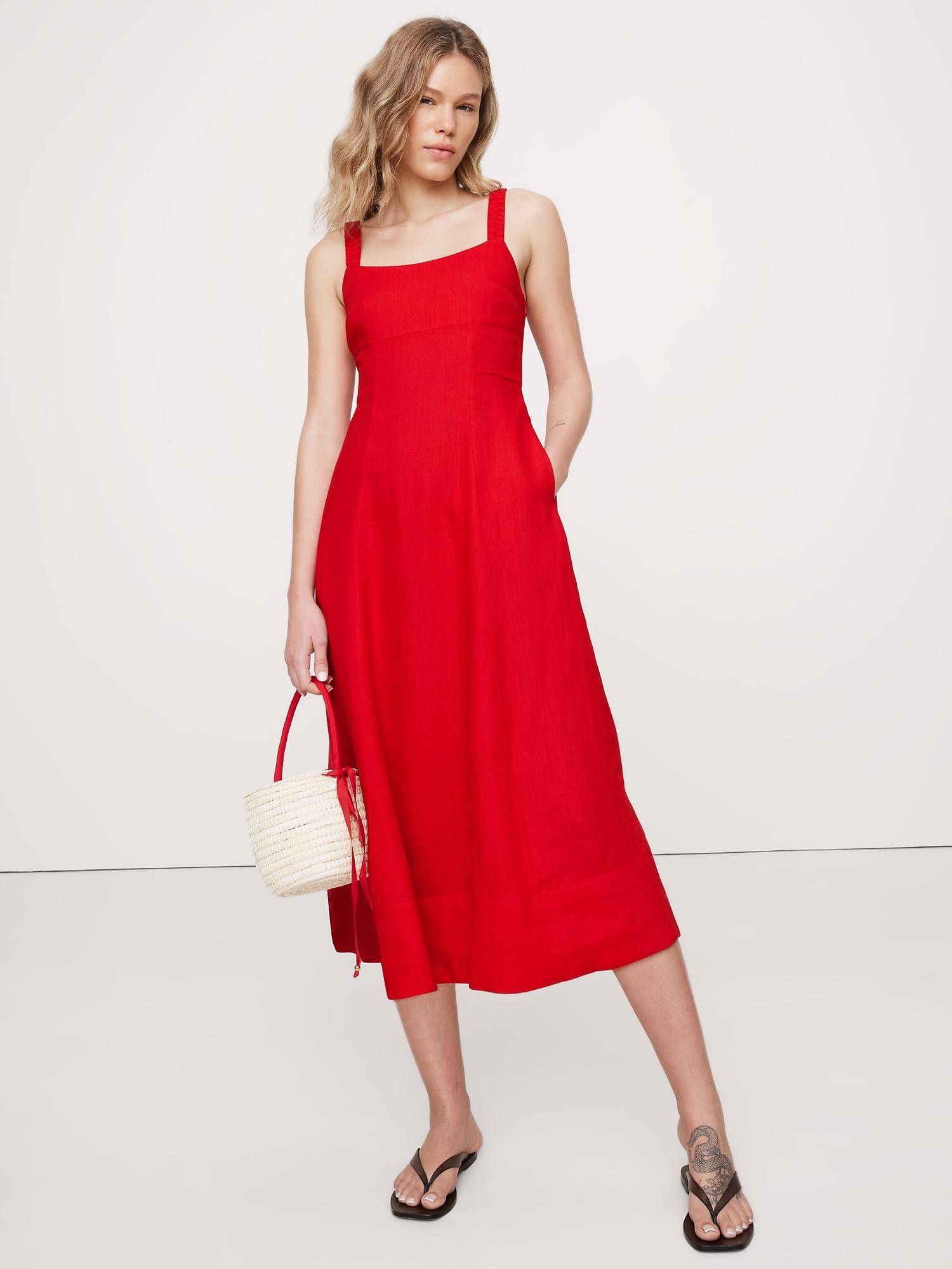 linen square-neck midi dress