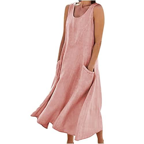 linen sundresses for women casual beach dress sleeveless tank dress solid color maxi dress with pockets