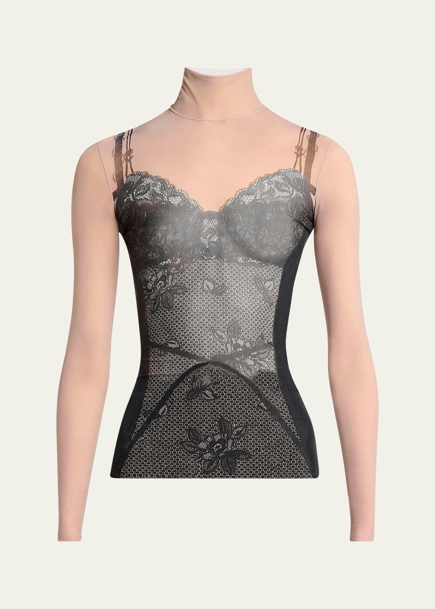 lingerie trompe l'oeil mesh turtleneck top
