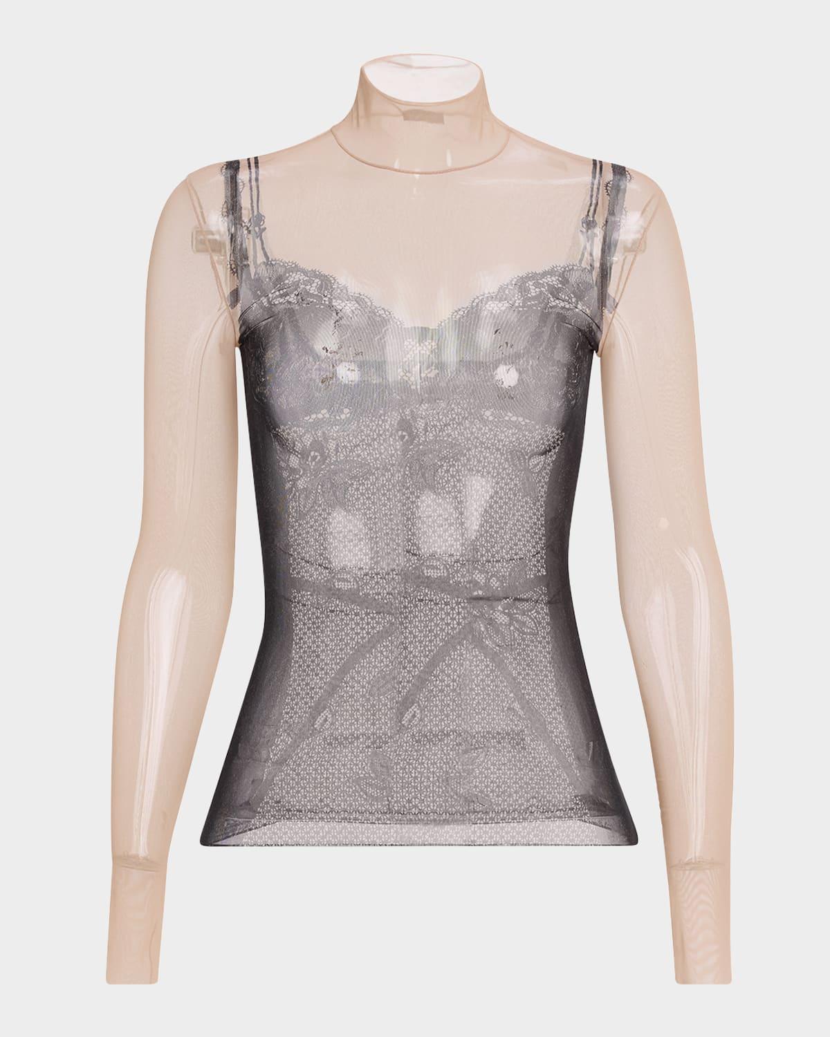 lingerie trompe l'oeil mesh turtleneck top