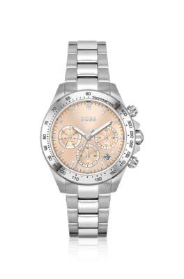 link-bracelet multi-functional watch with pink dial