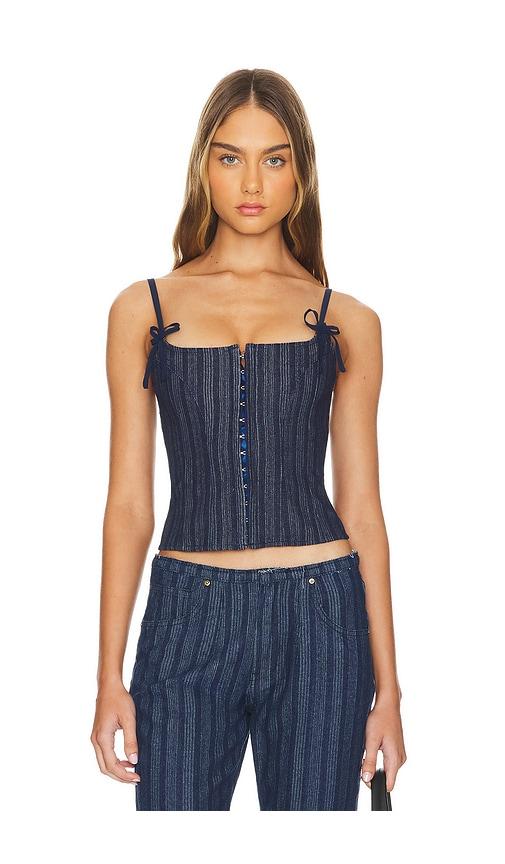 lioness charismatic denim corset in dark pinstripe in denim-dark.