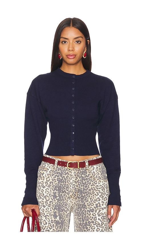 lioness head in the clouds cardigan in navy.