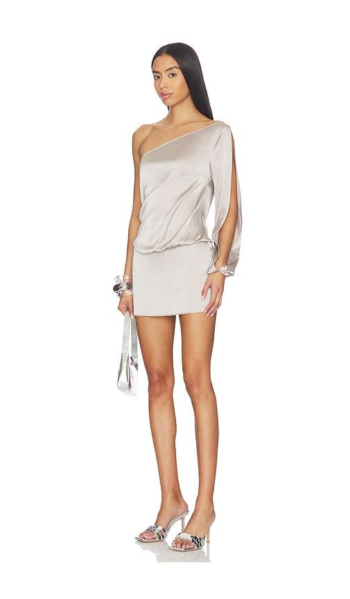 lioness one shoulder mini dress in metallic silver, grey.