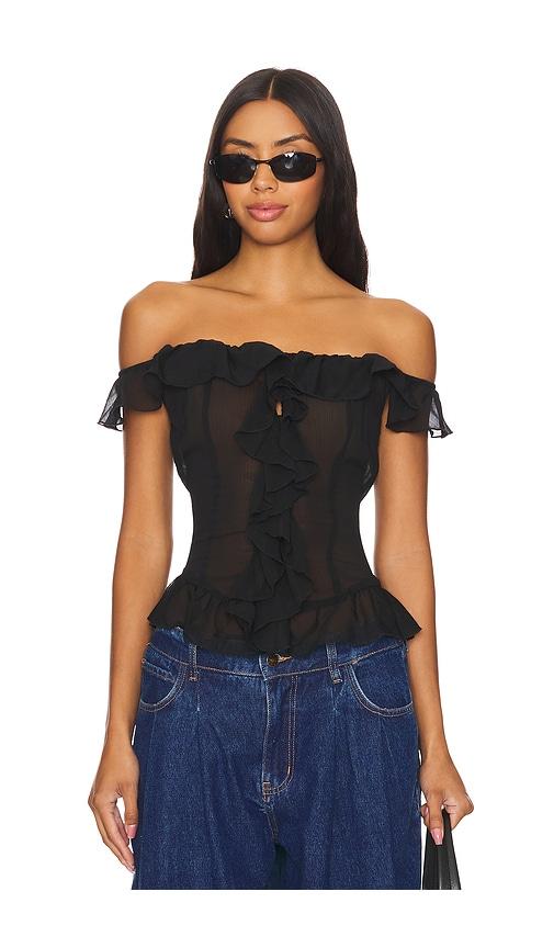 lioness timeless ruffle top in black.