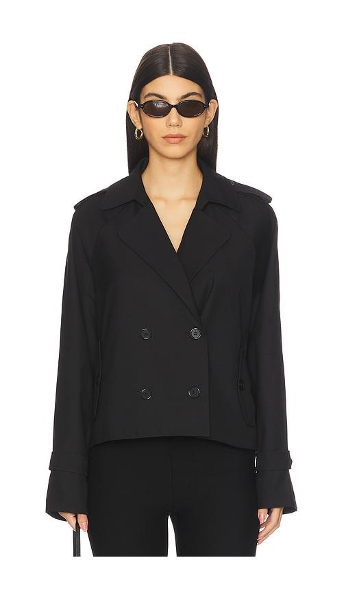 lioness x revolve cropped trencherous coat in black.