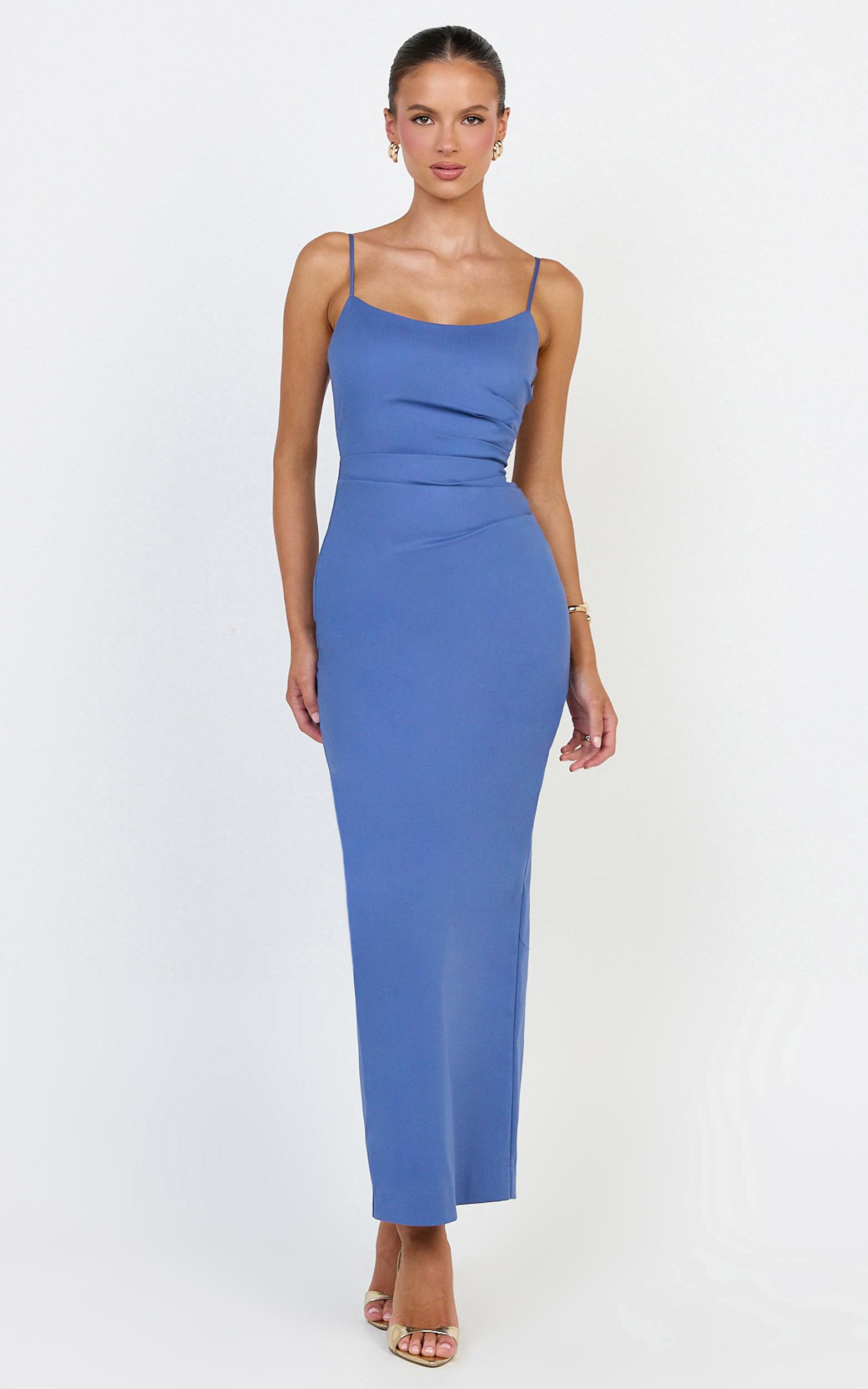 liora midi dress - low back scoop neck pin tucked dress in steel blue
