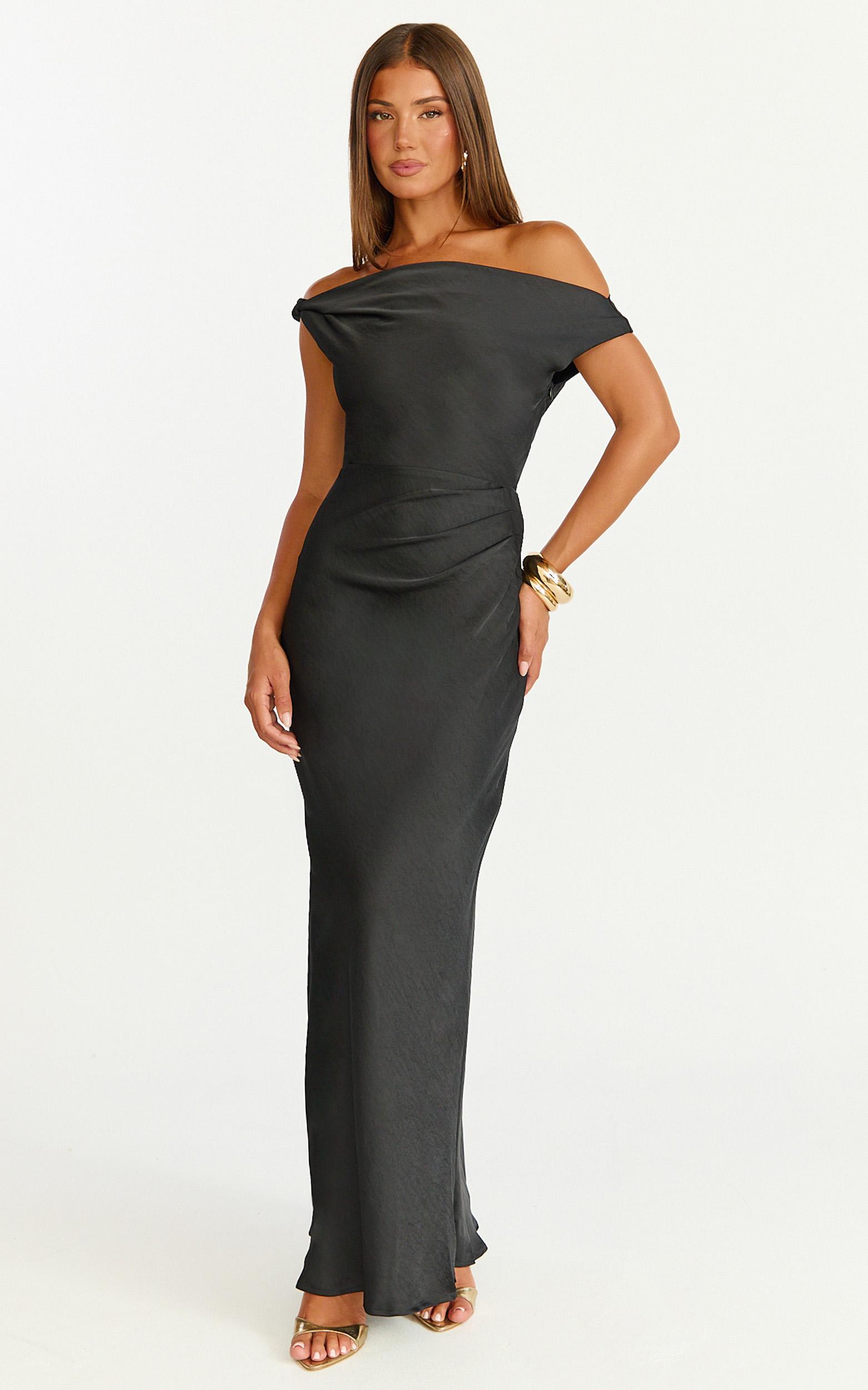 lira midi dress - one shoulder satin dress in black