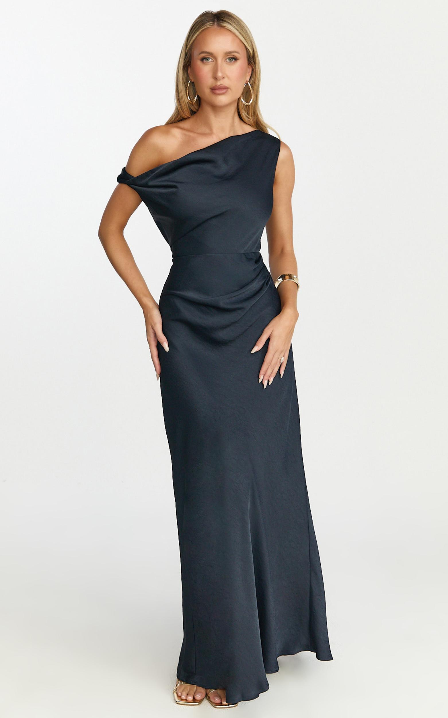 lira midi dress - one shoulder satin dress in navy