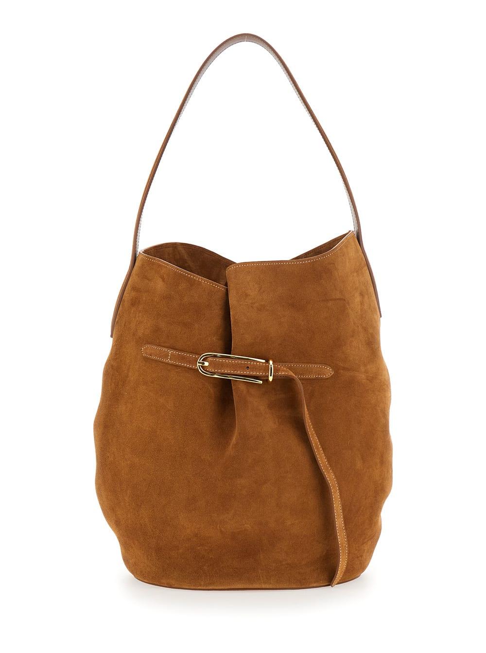 little liffner shoulder bag belted bucket bag large cow suede in brown leather for women
