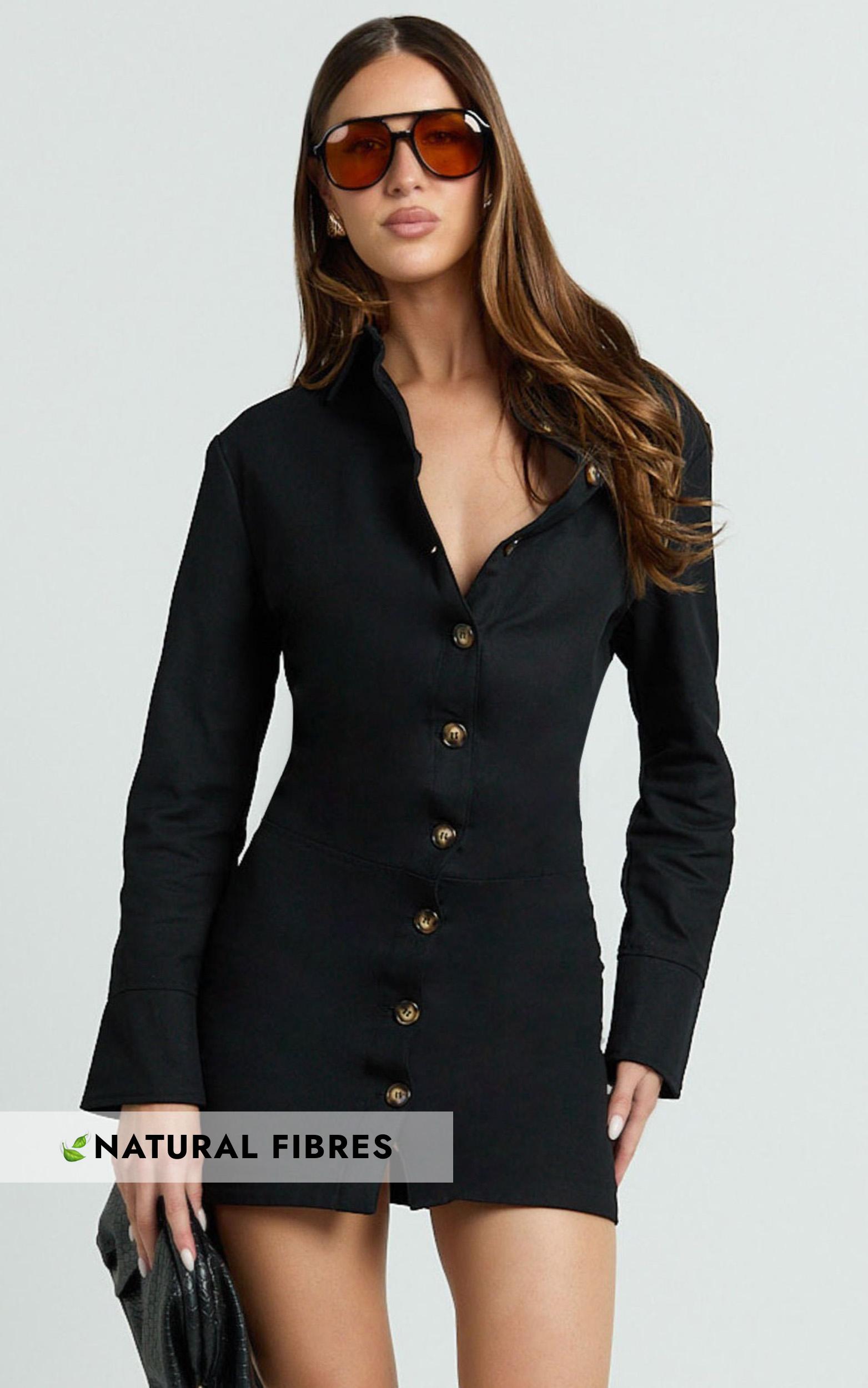 lizzie mini dress - long sleeve button front shirt dress in black