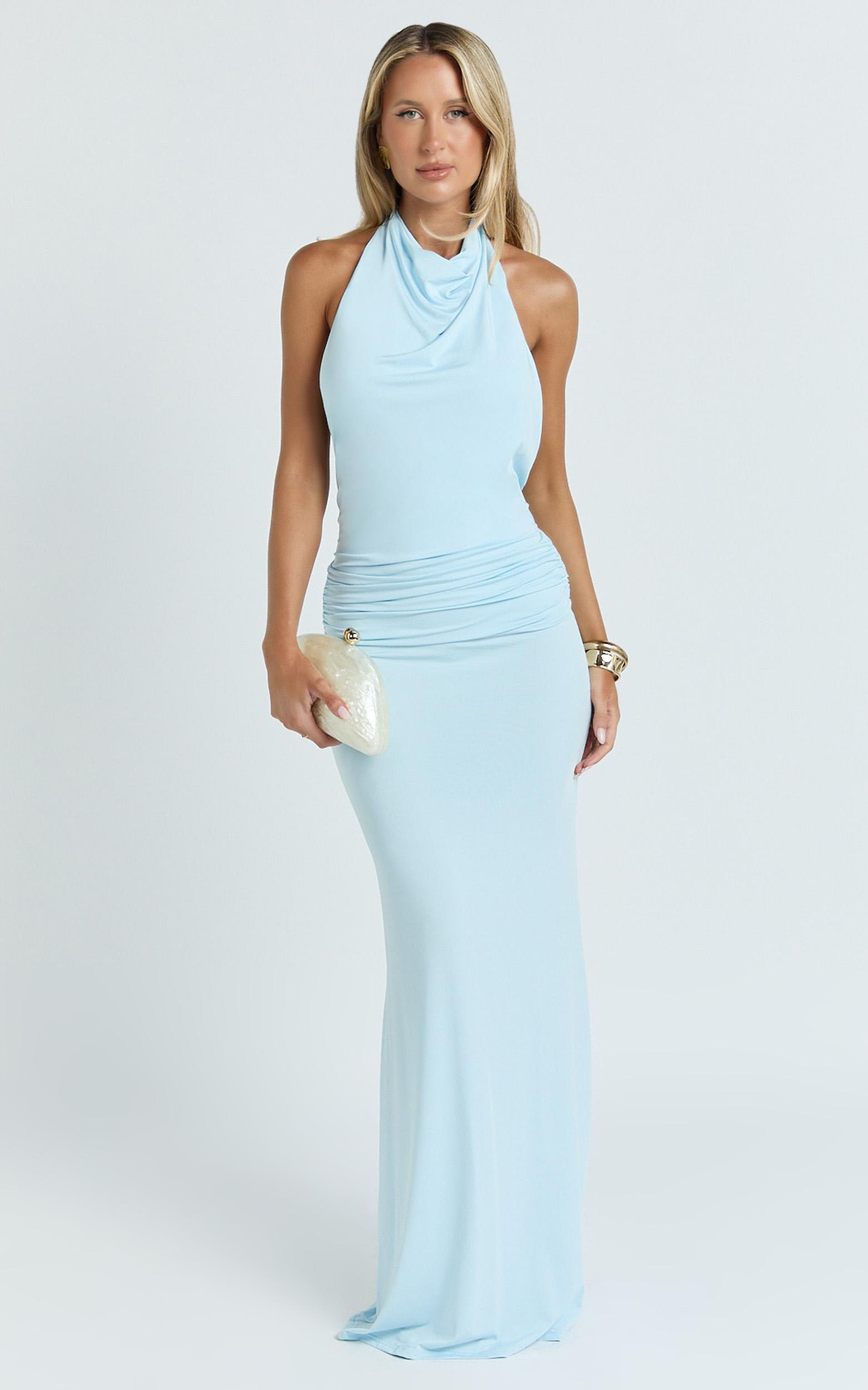 lizzy maxi dress - backless ruched bodycon dress in blue